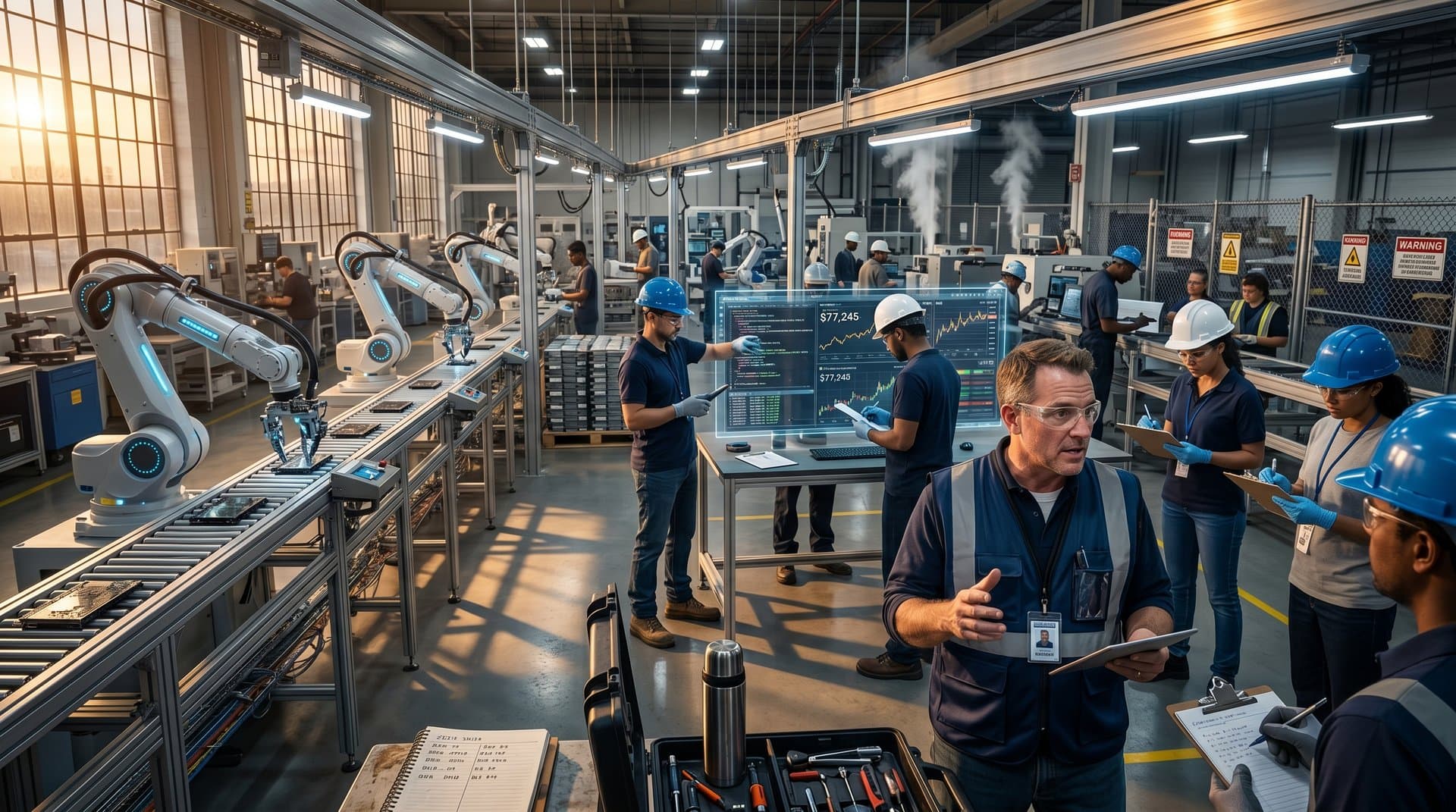 Factory worker watches AI robots on assembly line with BTC charts on screens, symbolizing job displacement
