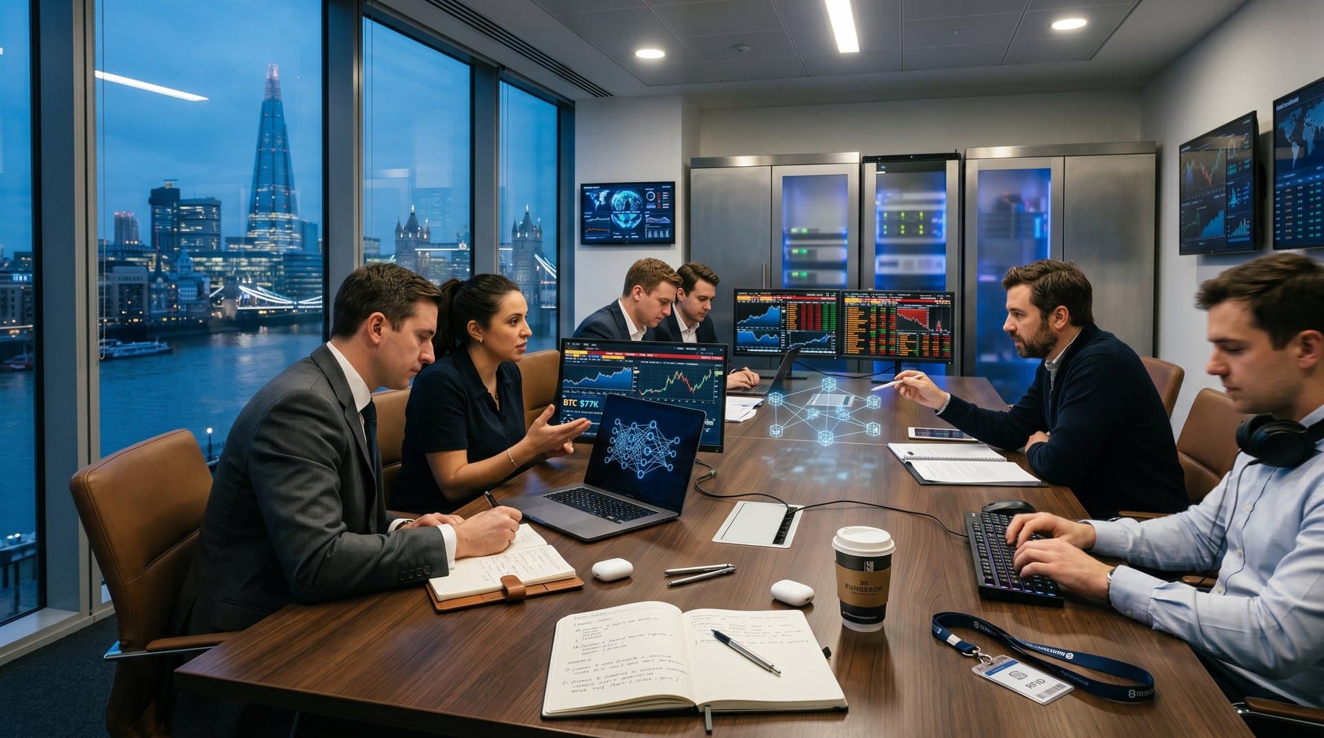 High-tech conference room with AI laptops, crypto charts, and city skyline, evoking modern polymath collaboration in finance-law-tech