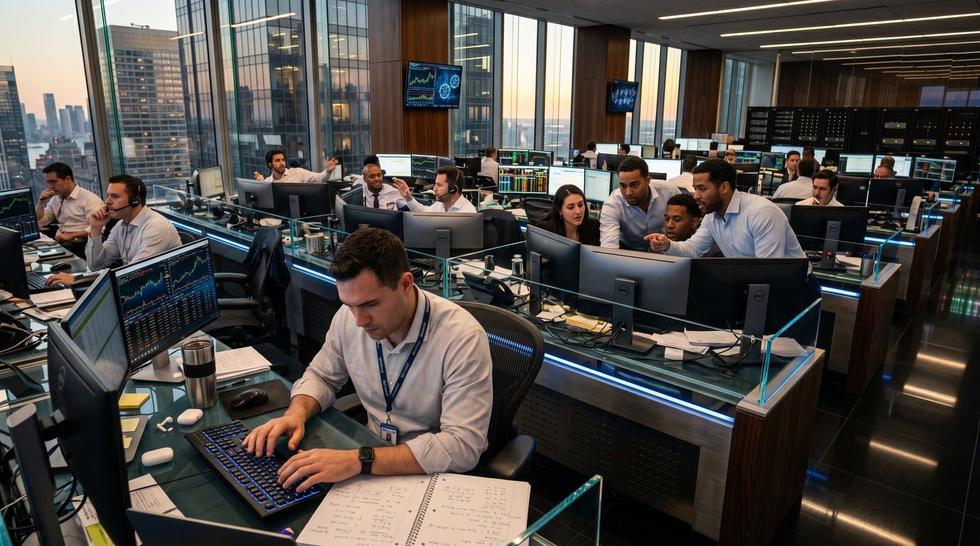 Traders monitor AI-driven crypto charts on multi-monitor setups in a high-tech trading floor