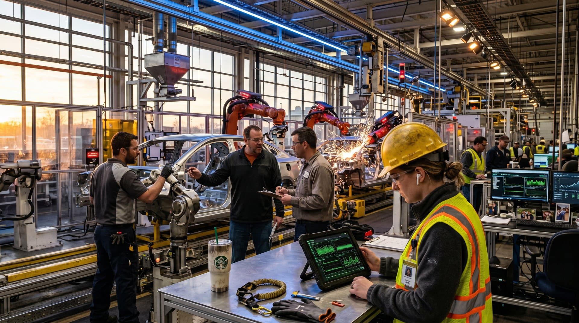 Ohio factory with AI robots welding amid empty workstations and crypto charts