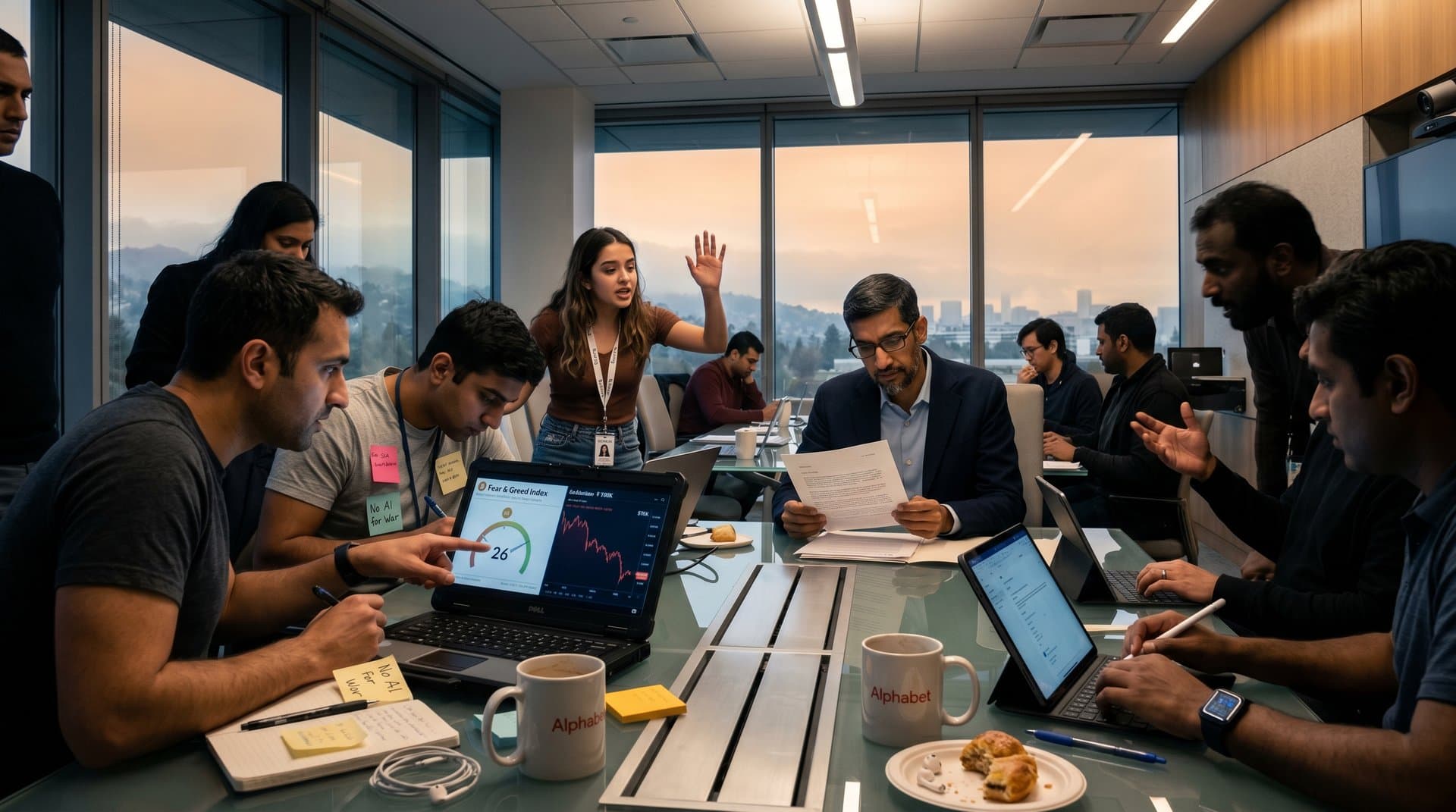 Silhouetted Google workers in tense office meeting over Pentagon AI ethics letter with crypto fear charts