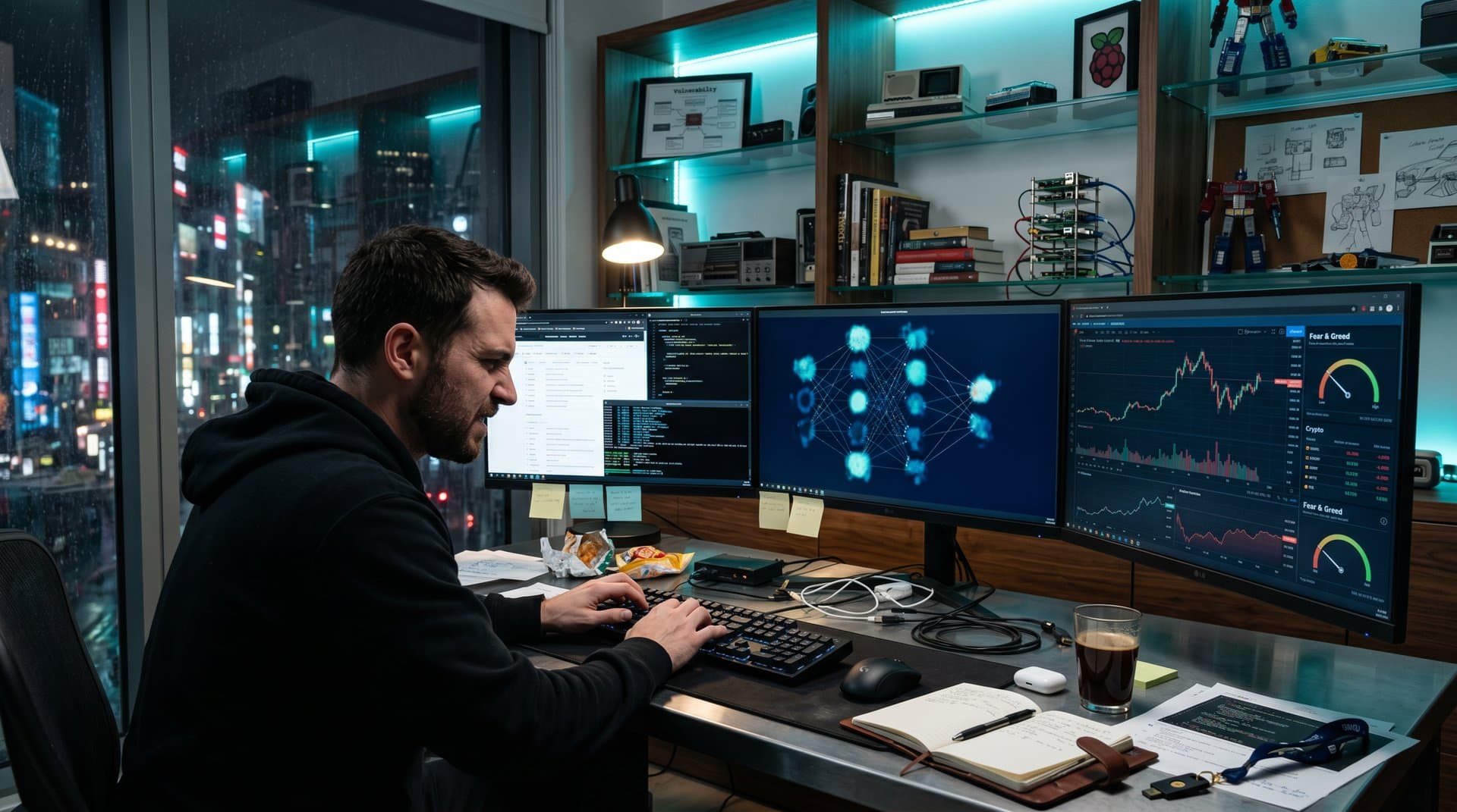 Home office screens glow with AI jailbreak prompts, crypto charts, and neural maps amid notebooks and coffee