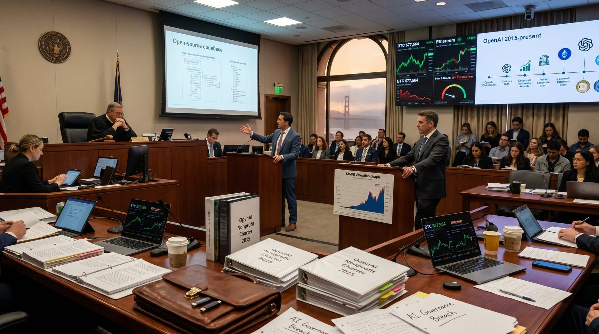 Stylized courtroom clash in OpenAI trial with Musk-Altman feud, crypto charts, and governance timelines