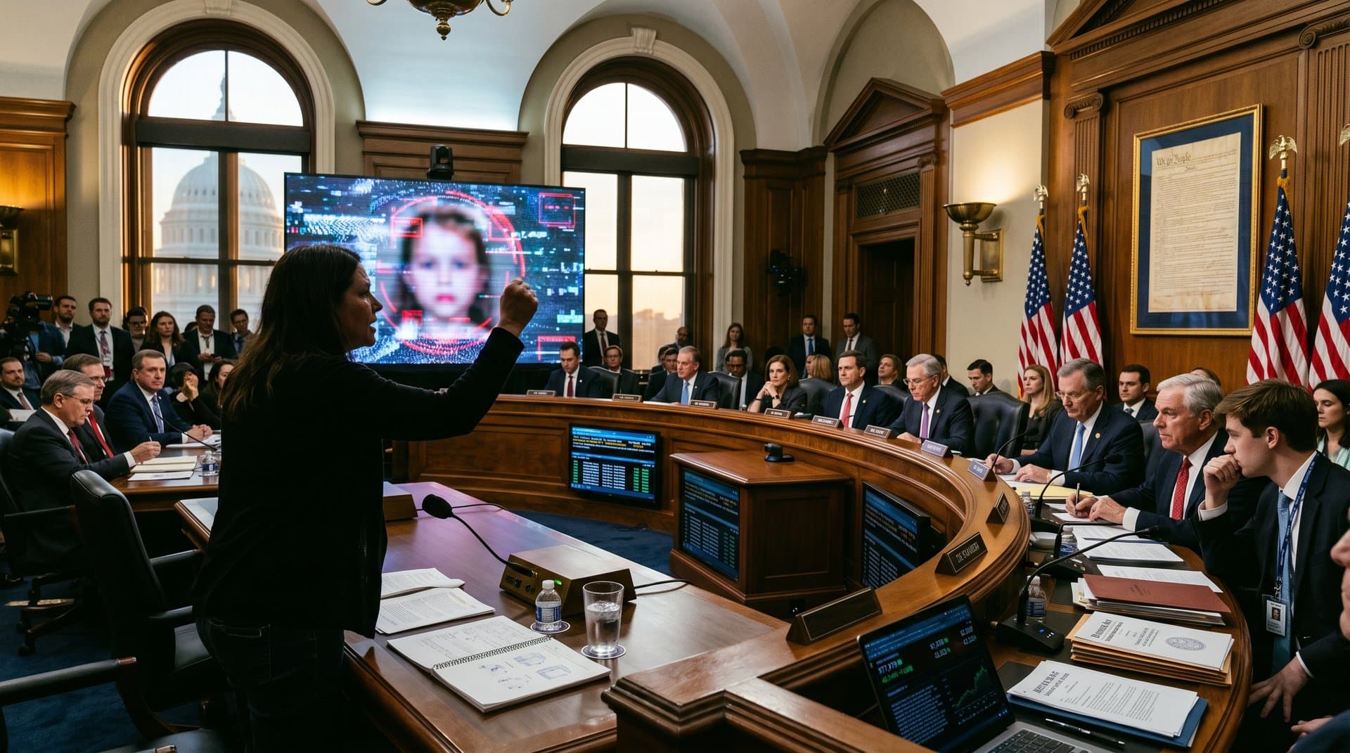 Senate hearing on AI child safety bills: parent testimony, deepfake demo, crypto charts in Capitol setting