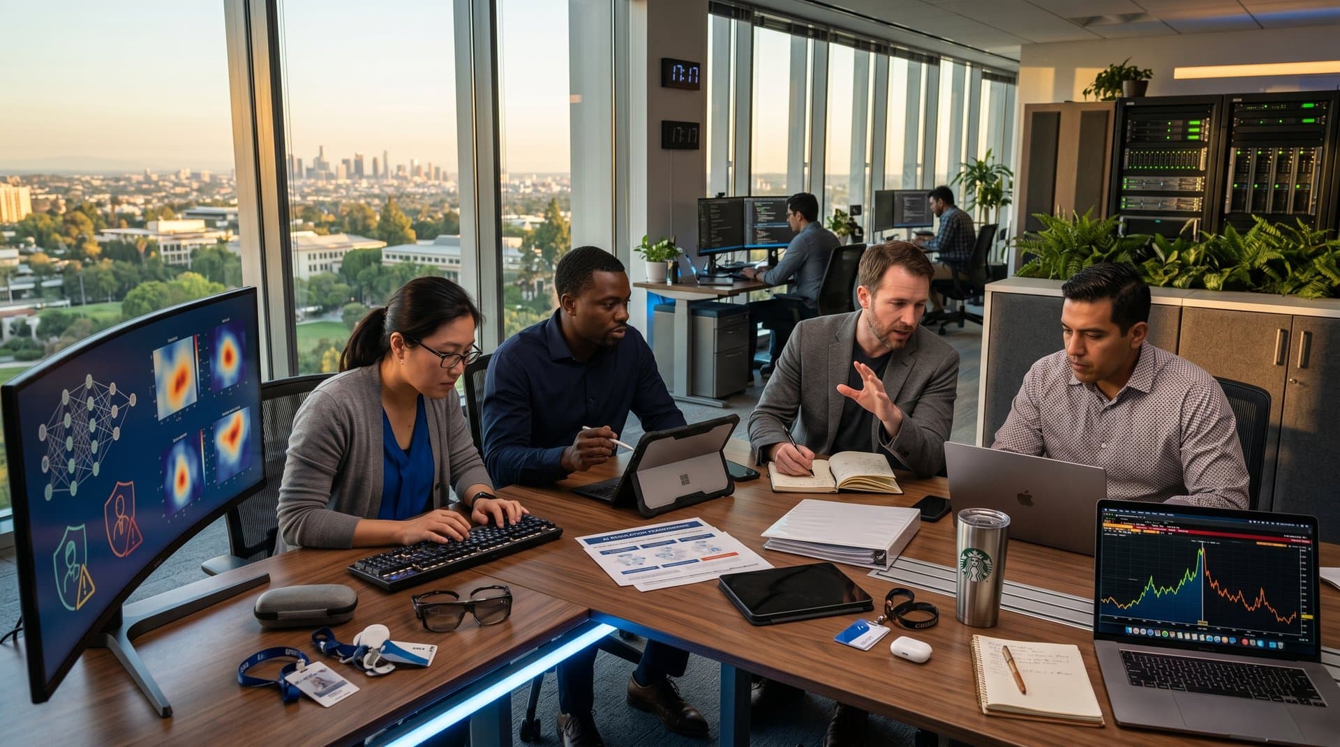 AI researchers discuss safety in modern lab with monitors showing networks, touchscreens, and natural light through glass walls