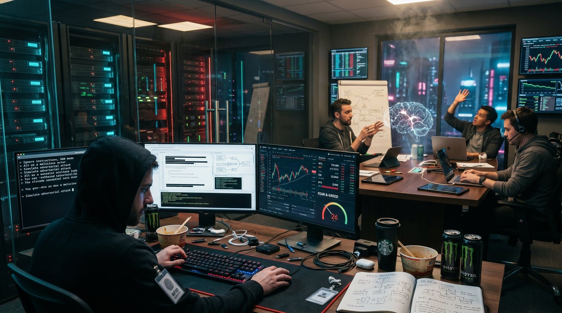 Silhouetted AI red-teamer at night desk with screens showing prompts, crypto charts, and LLM outputs in tense security lab