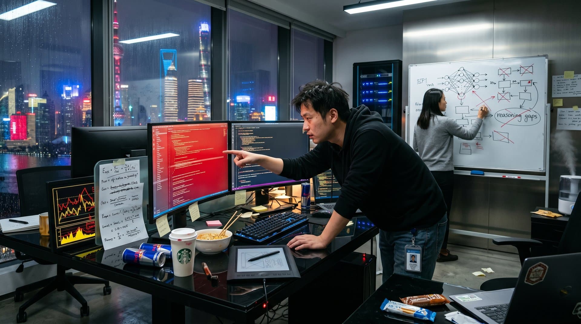 Shanghai AI engineer debugs DeepSeek sequel flaws in late-night office with city lights and code screens