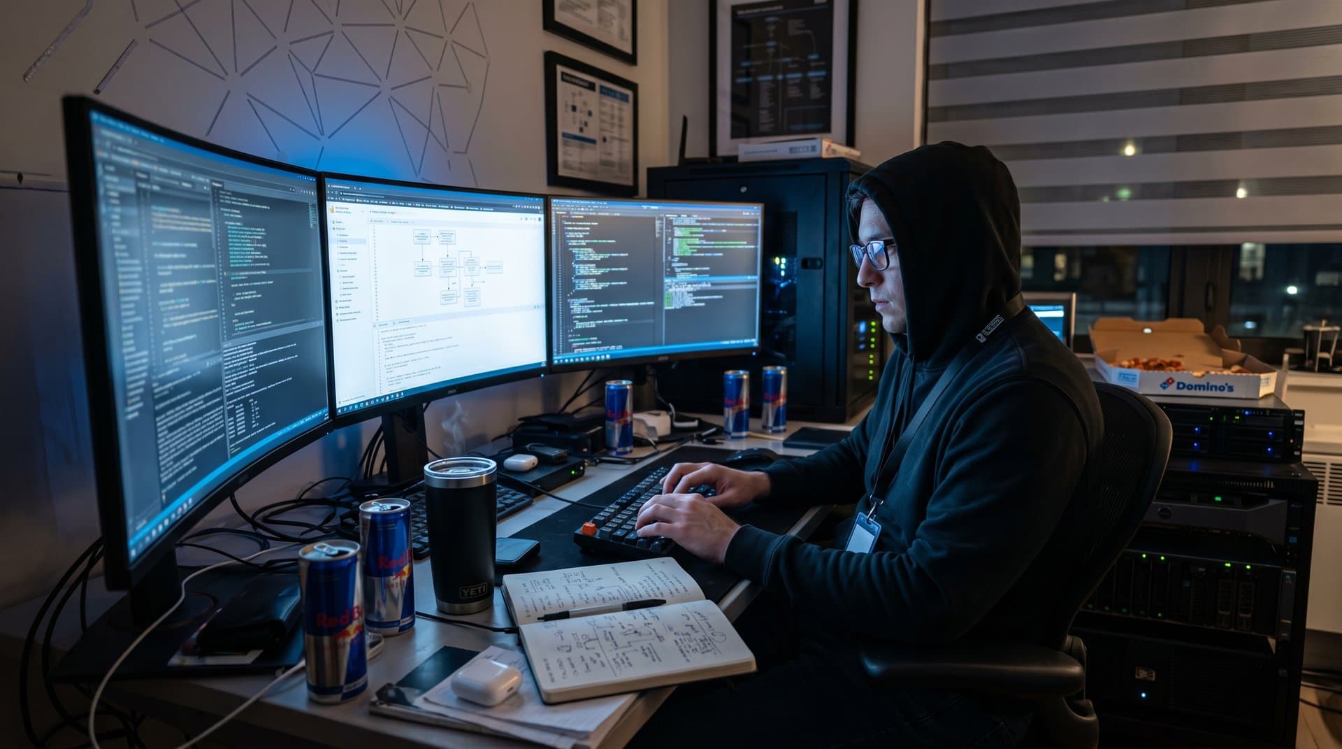 Late-night coder's desk with glowing screens showing AI jailbreak prompts, crypto charts, and Fear & Greed Index in tense red-teaming atmosphere