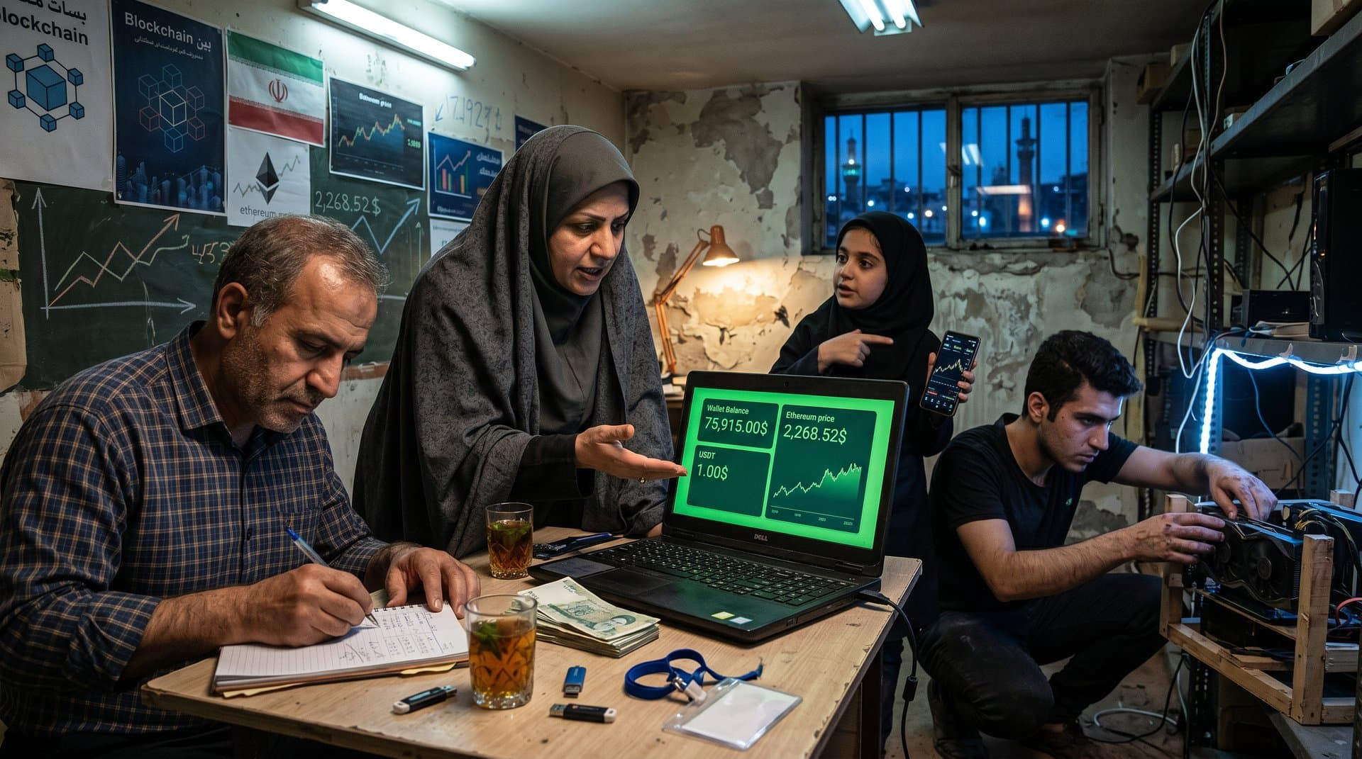 Tehran family in basement trades crypto on laptop amid Iran sanctions evasion, mining rig in background