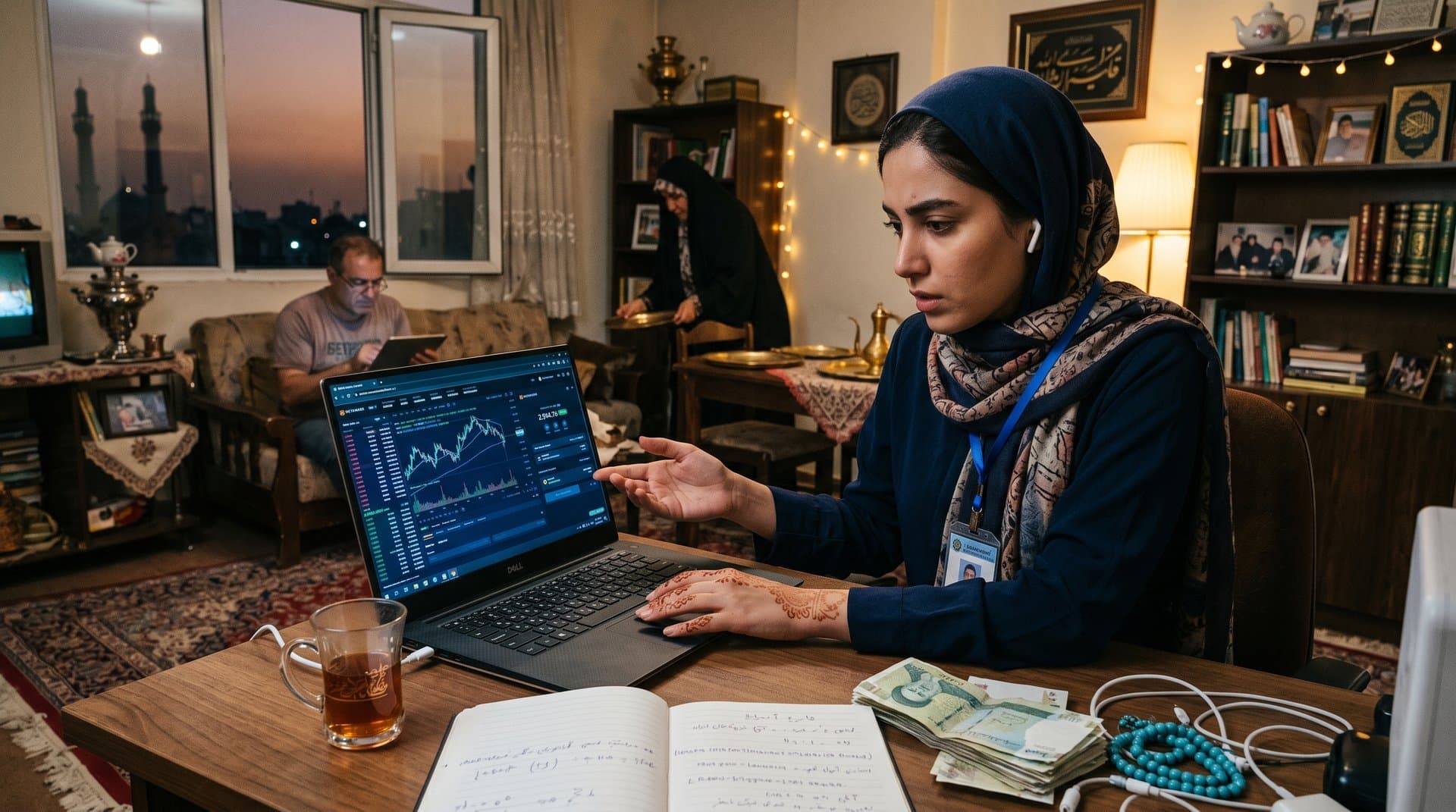 Tehran apartment scene with laptop displaying crypto wallet amid US-Iran sanctions evasion