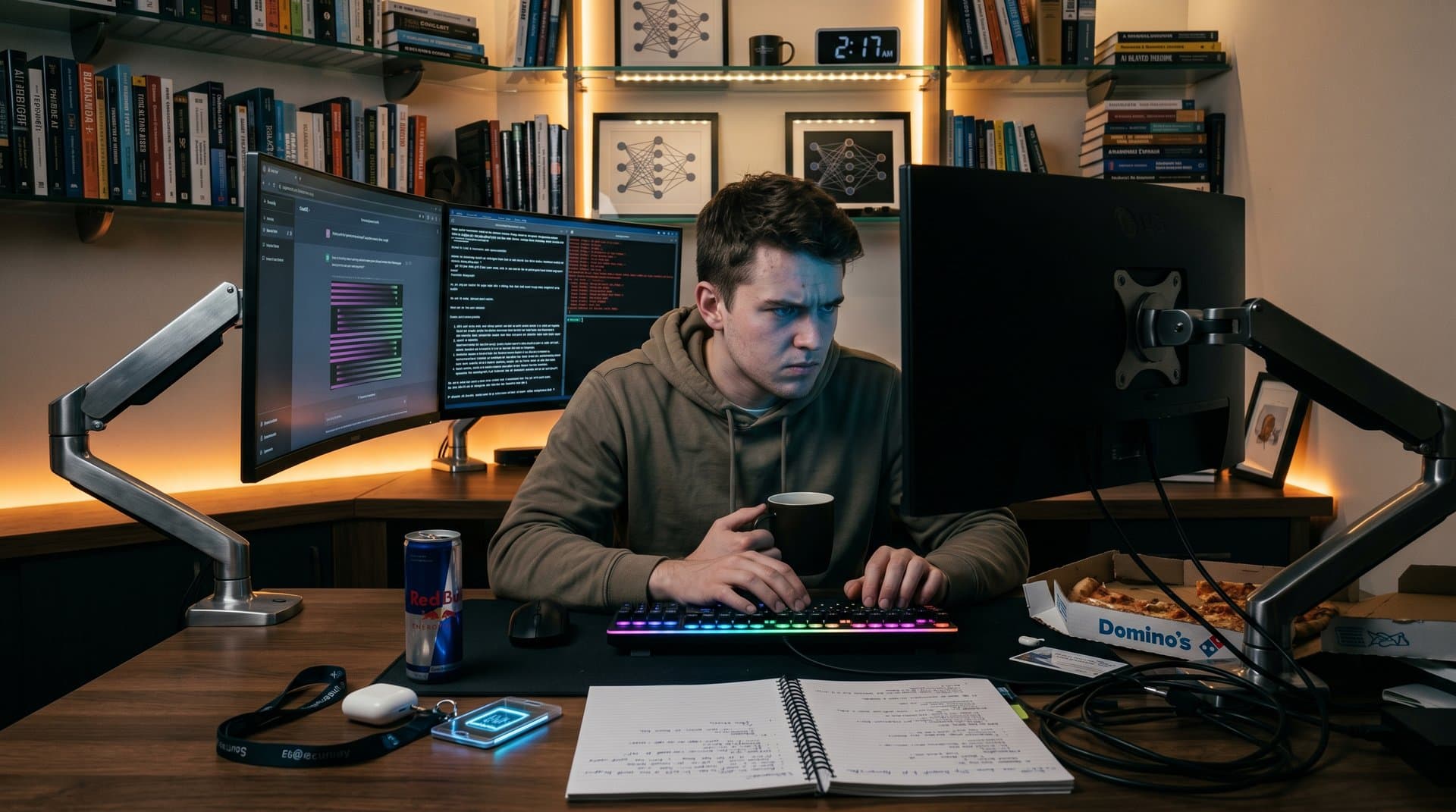 Silhouetted AI jailbreaker at midnight desk with glowing screens of dark prompts and jailbreak code in tense home office