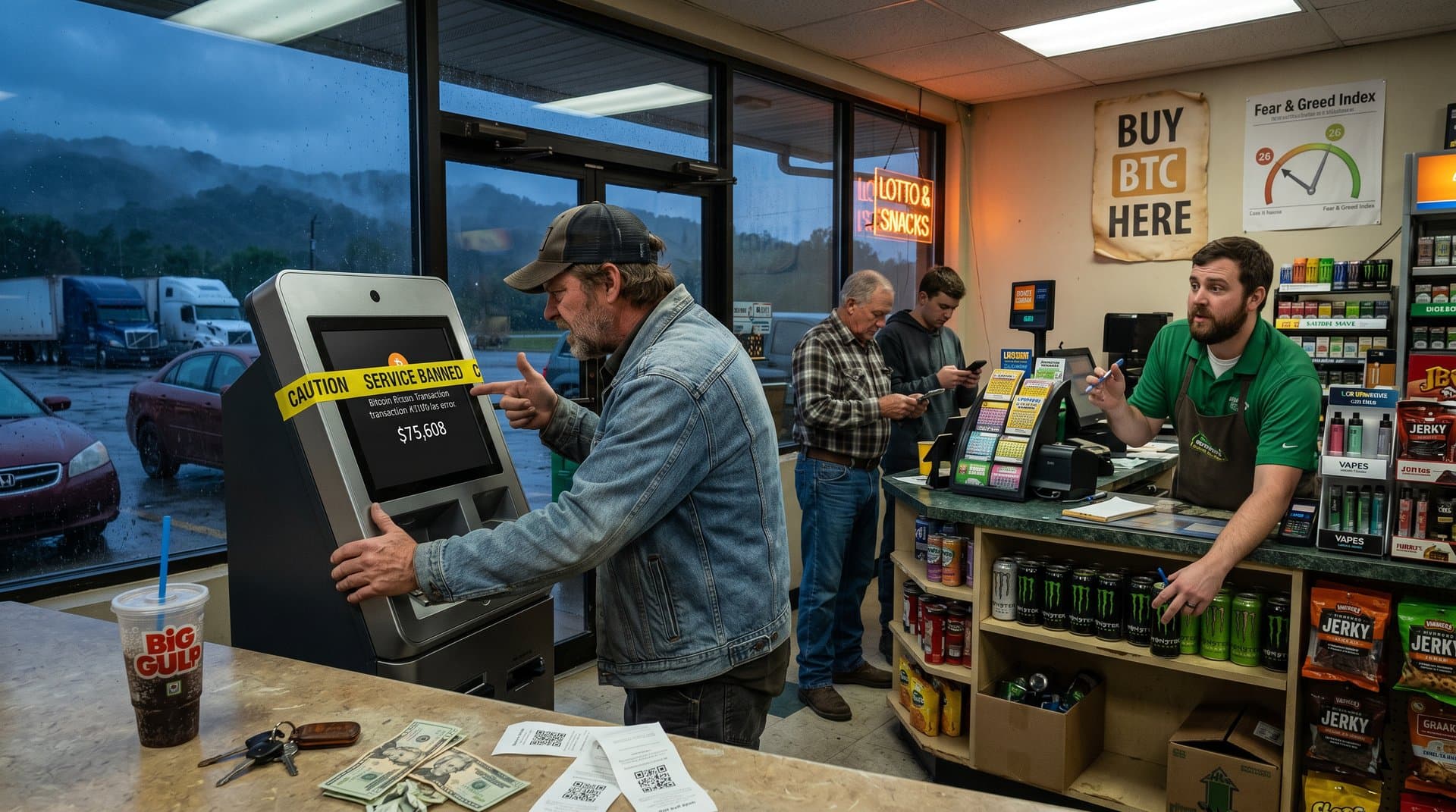 Rural Tennessee gas station with banned crypto ATM kiosk under stormy skies, evoking regulatory tension