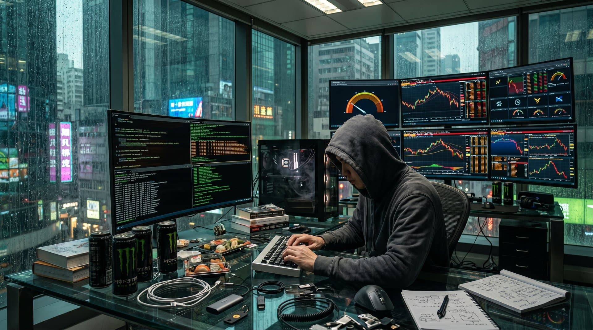 Hooded coder testing AI jailbreak prompts amid crypto market charts and Fear Index display