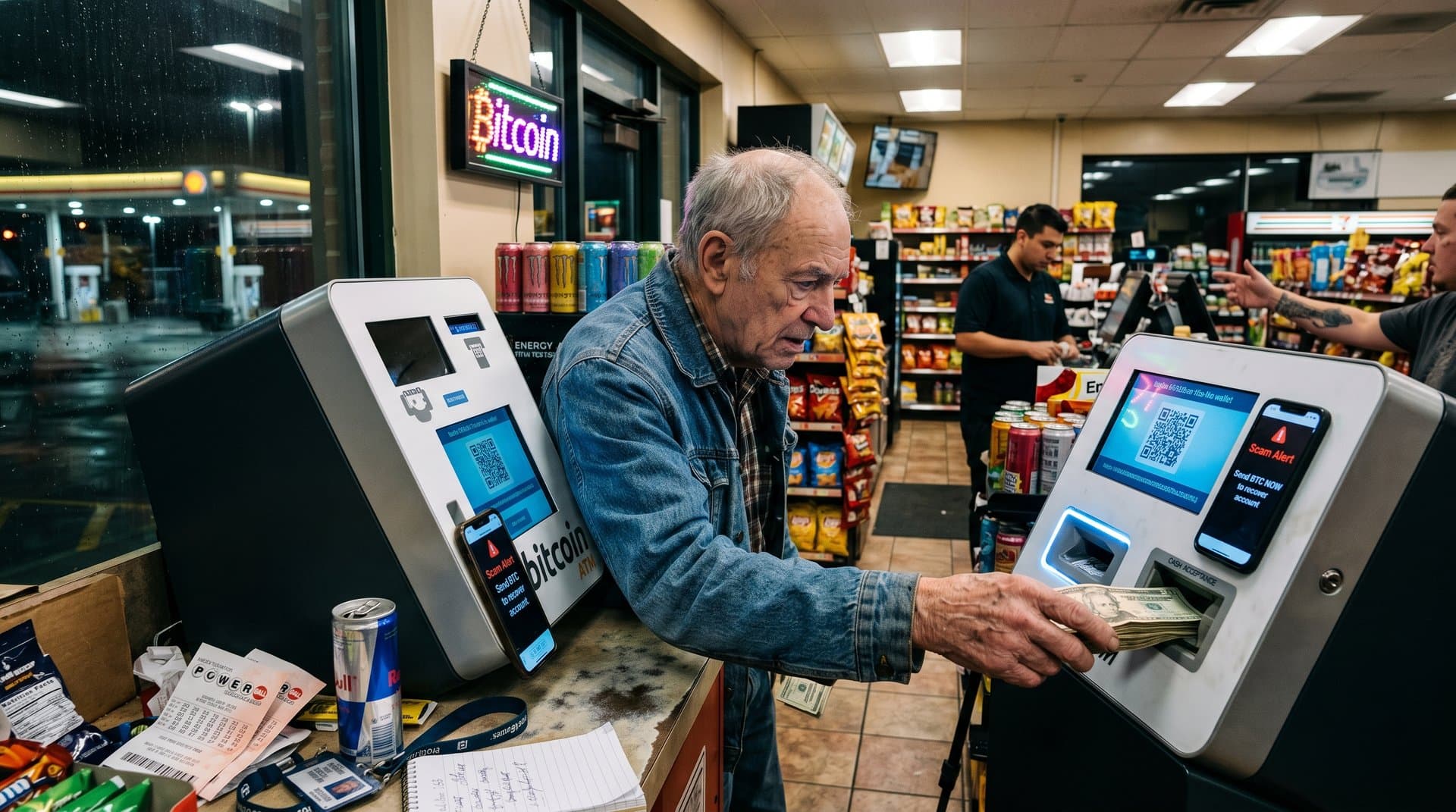 Hand inserting cash into crypto ATM in convenience store amid scam text on phone, highlighting vulnerability before Tennessee ban