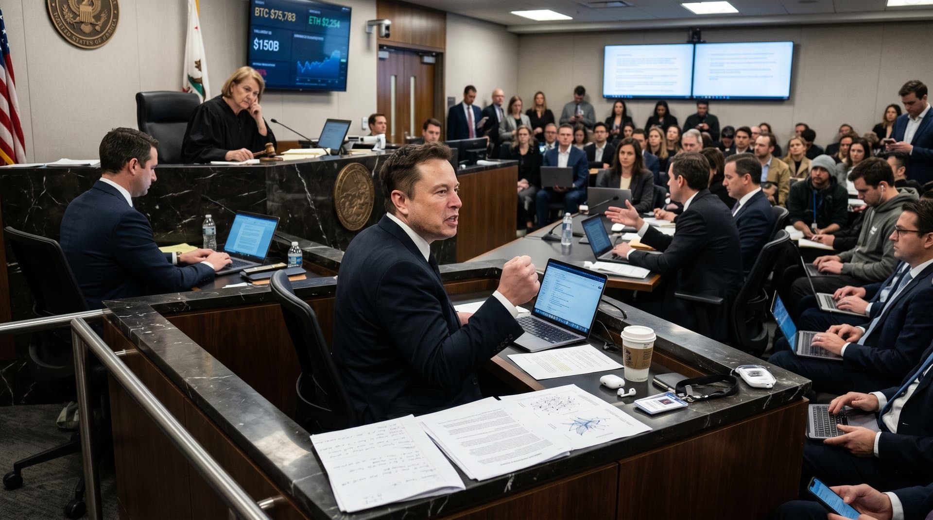 Silhouetted witness in tense courtroom gestures amid AI graphics and Bitcoin ticker on screens, capturing drama of Musk OpenAI testimony