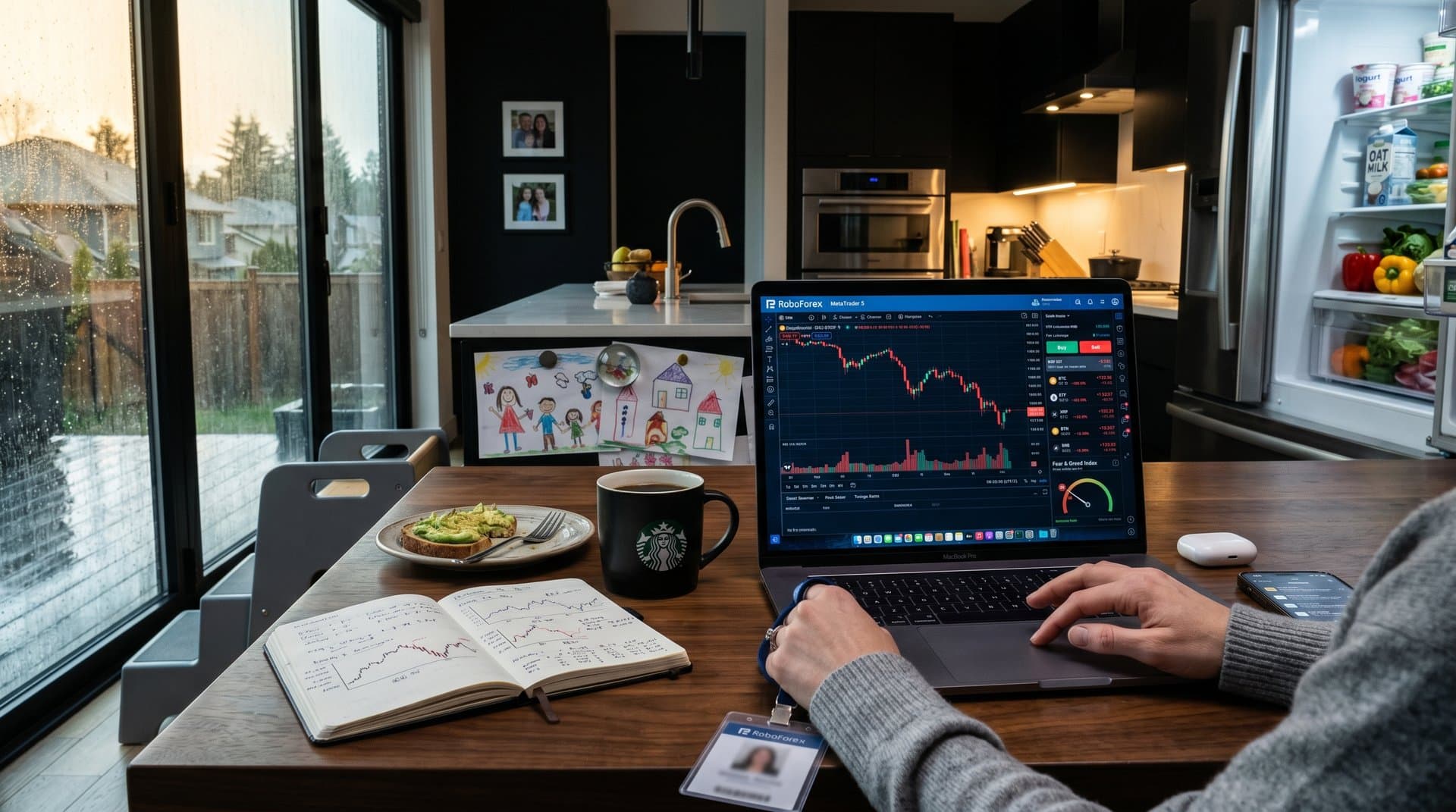 Home kitchen trader at laptop with RoboForex cryptocurrency CFD charts, coffee mug in early morning light