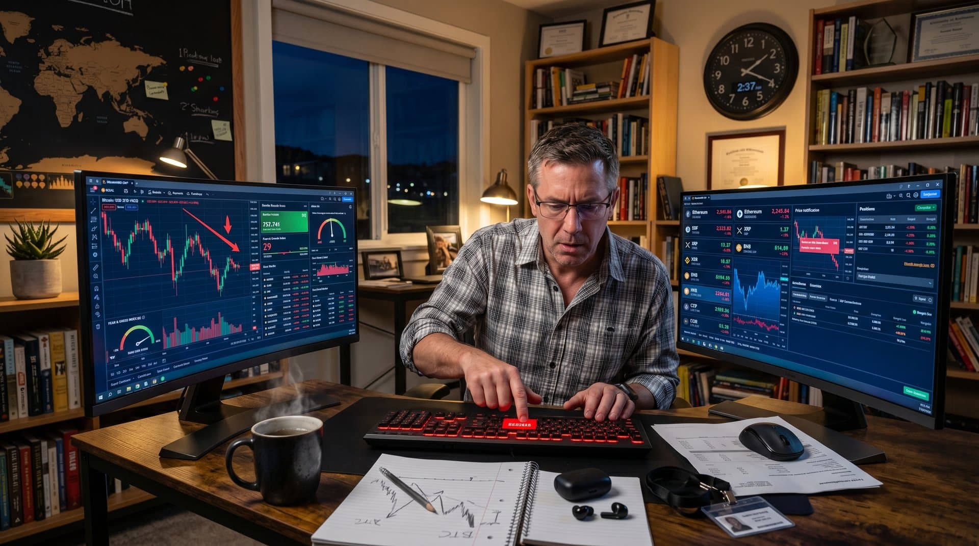 Home trader monitoring crypto CFD charts on dual monitors in suburban office