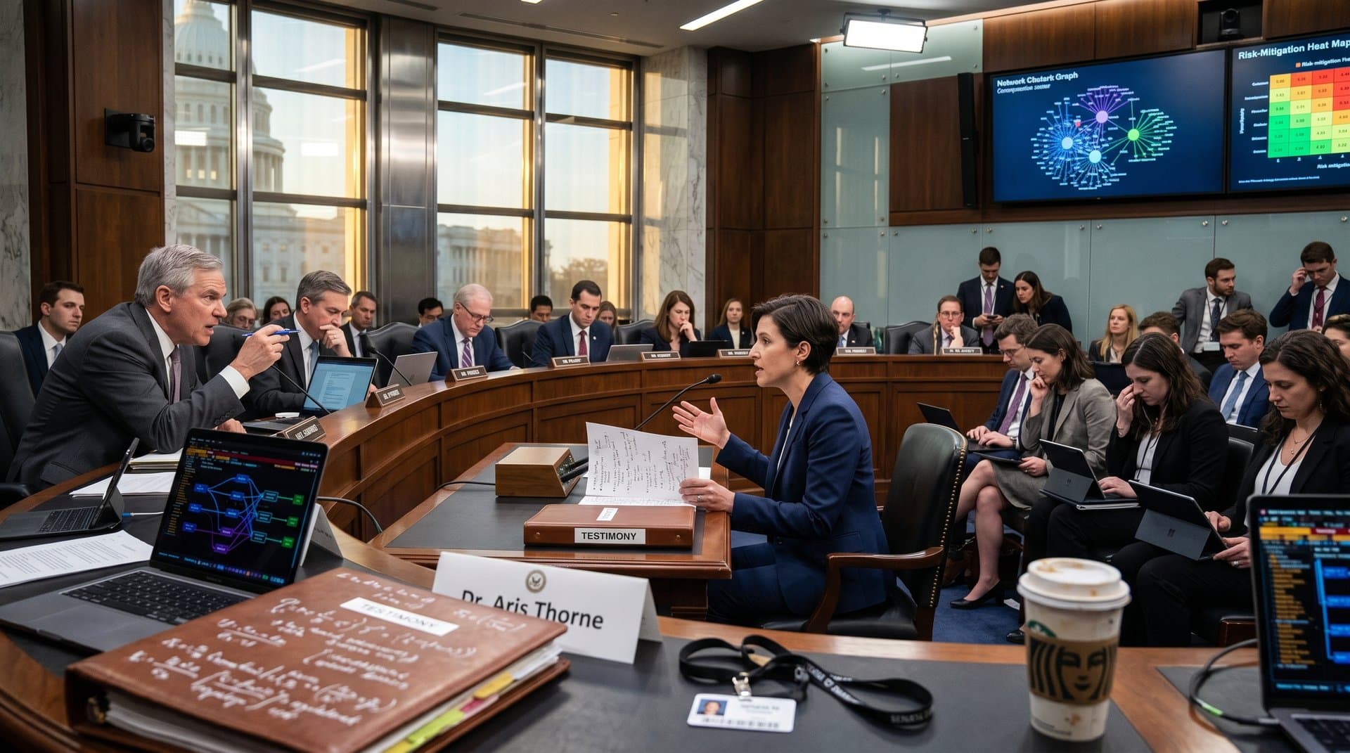 U.S. Senate hearing room with witness table, senators questioning, AI charts on screens amid wood-paneled setting