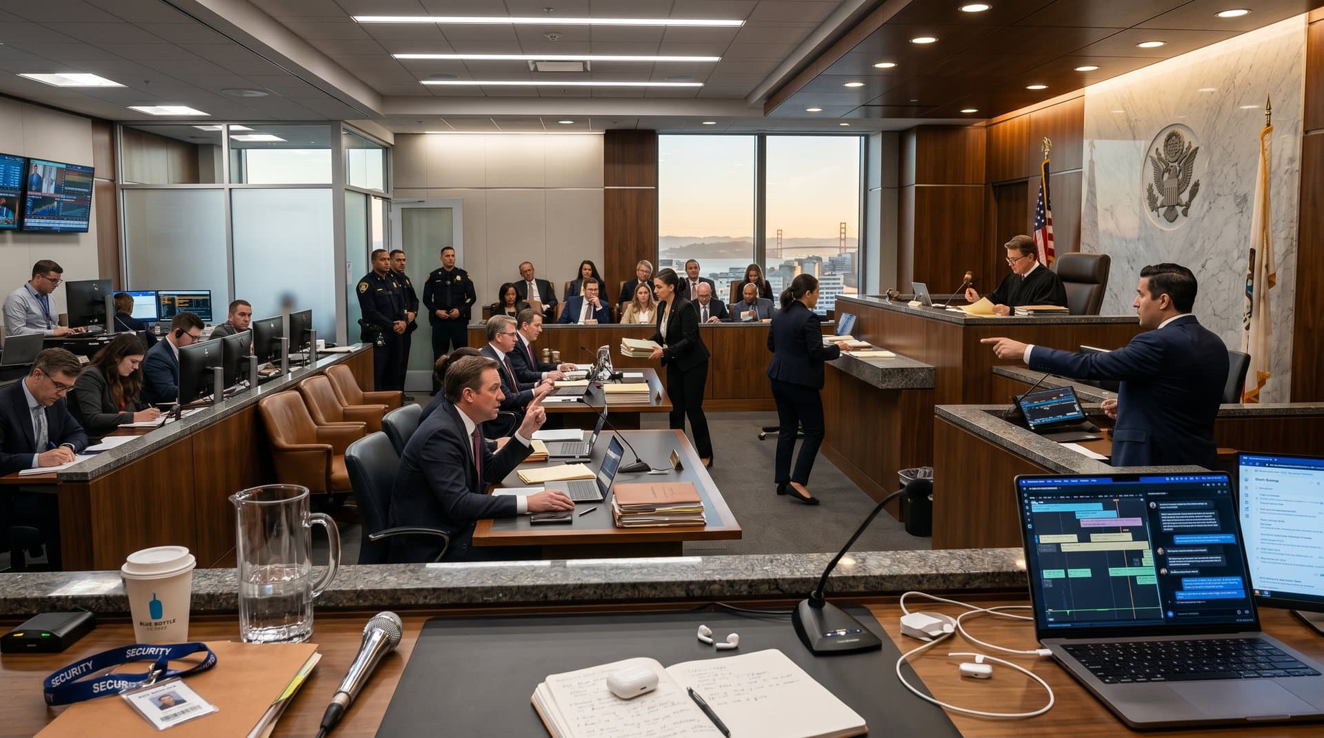 High-tech courtroom scene with witness gesturing at AI document timelines on monitors, lawyers at modern tables, market feeds in press area