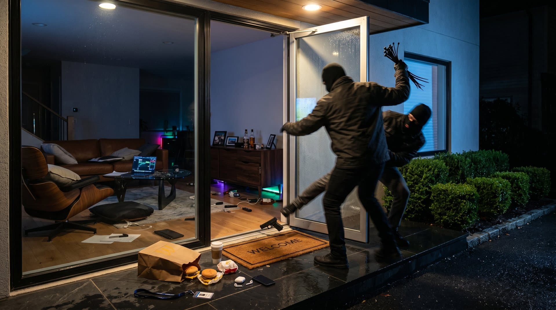 Nighttime home invasion scene with DoorDash bag and crypto wallet amid shadowy intruders