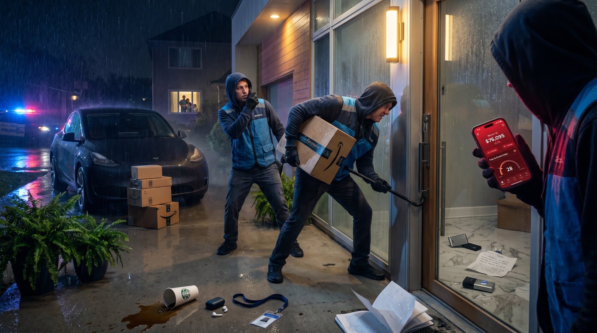 Shadowy fake delivery men force entry in crypto home invasion, Bitcoin chart at $76,095 amid market fear