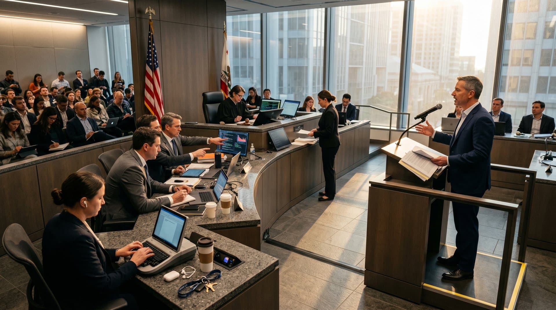 Tense courtroom scene with witness stand, lawyers at laptops, stenographer, and observers in modern San Francisco court under natural light