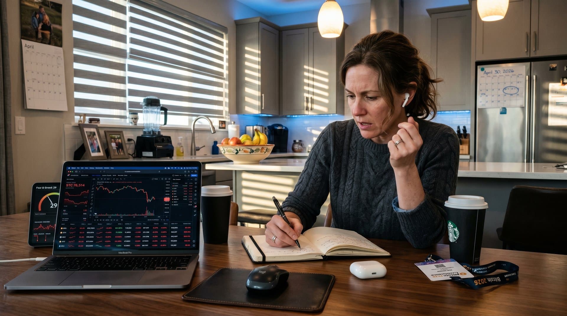 Denver kitchen scene with laptop showing Bitcoin at $76,514, Fear & Greed at 29, coffee mug and notes evoking retiree's tension