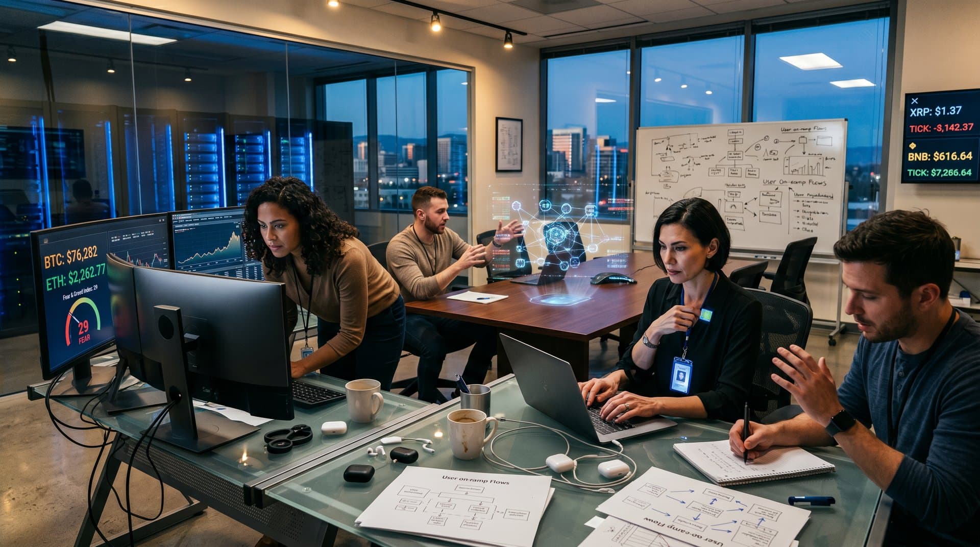 PayPal professionals in innovation lab review crypto charts on monitors showing BTC prices and Fear Index during restructuring talks