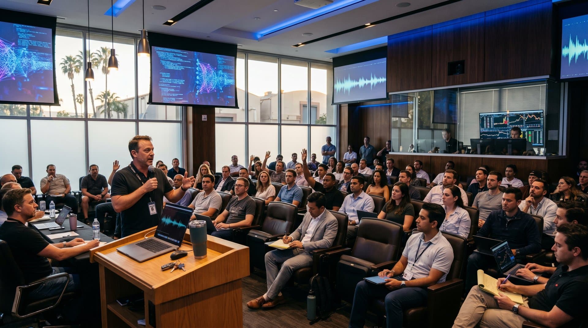 Dynamic AI lecture in Hollywood auditorium: screens display neural networks, diverse execs engage amid premium tech setup and walnut panels.