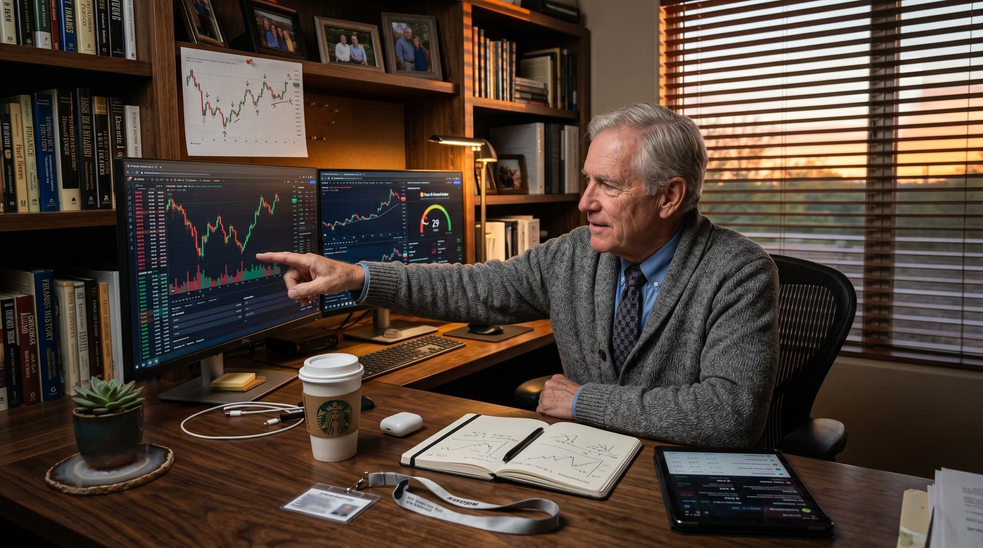 Retiree in Tucson home office reviews Ethereum price charts at $2,257 amid recovery signals and desert sunset