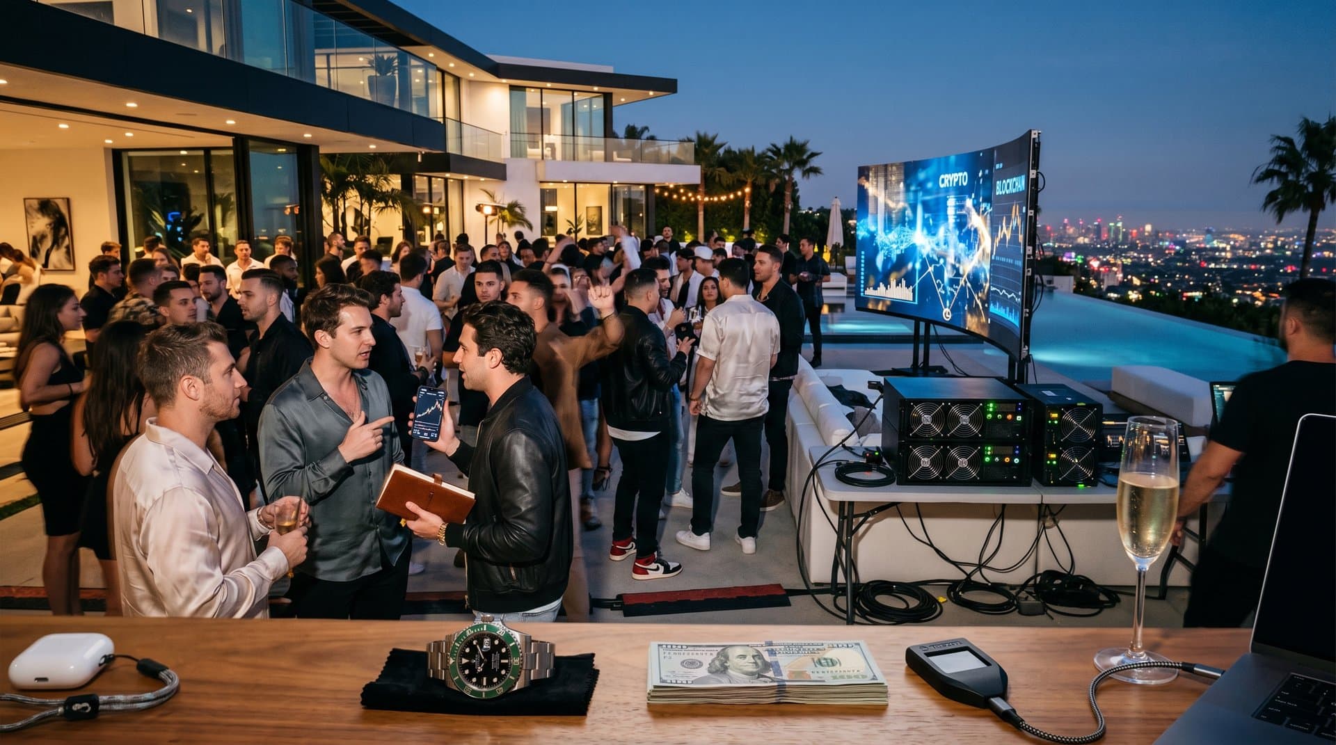 Luxury SoCal mansion party scene with crypto holograms and supercars symbolizing crypto kids' lavish laundering-funded lives