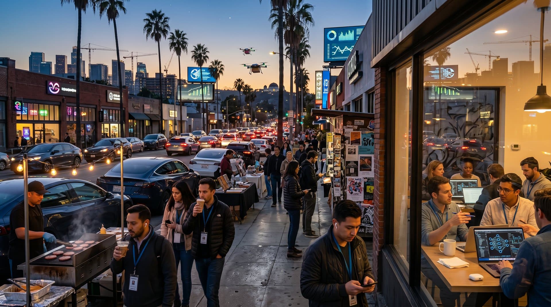 LA neighborhood blending AI tech influx with middle-class resilience under urban dusk lights