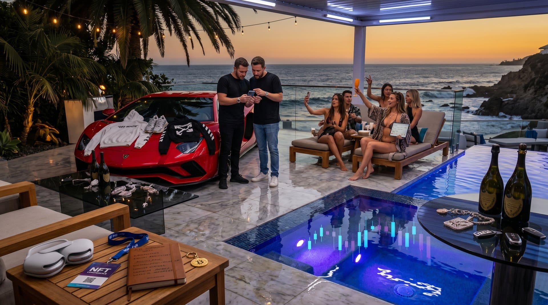 SoCal luxury poolside scene with crypto app, Lamborghini, and market screens evoking laundering scandal excess