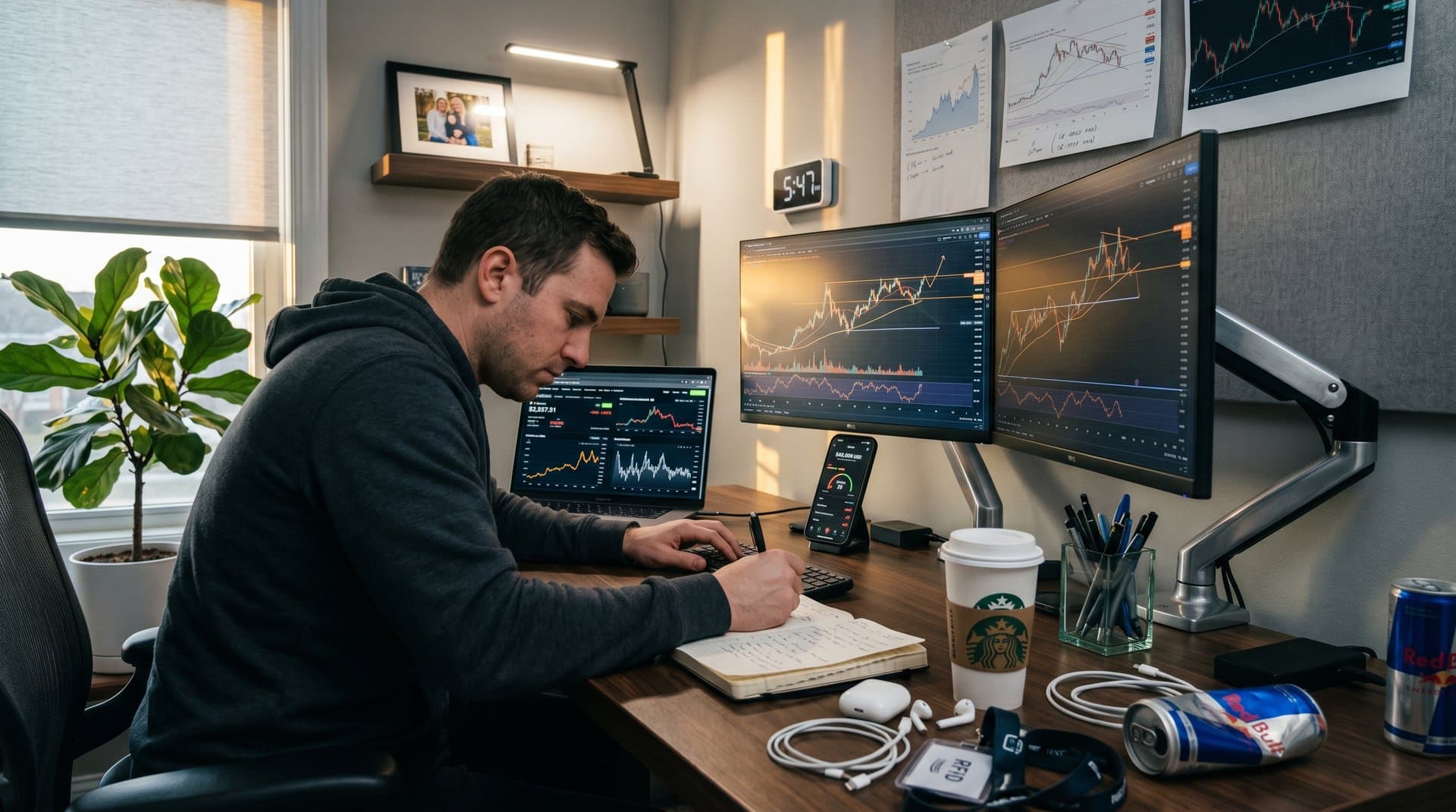 Dawn home office scene with Bitcoin price at $76,298, Fear Index 29 on screens amid charts, coffee, notes symbolizing human crypto stakes