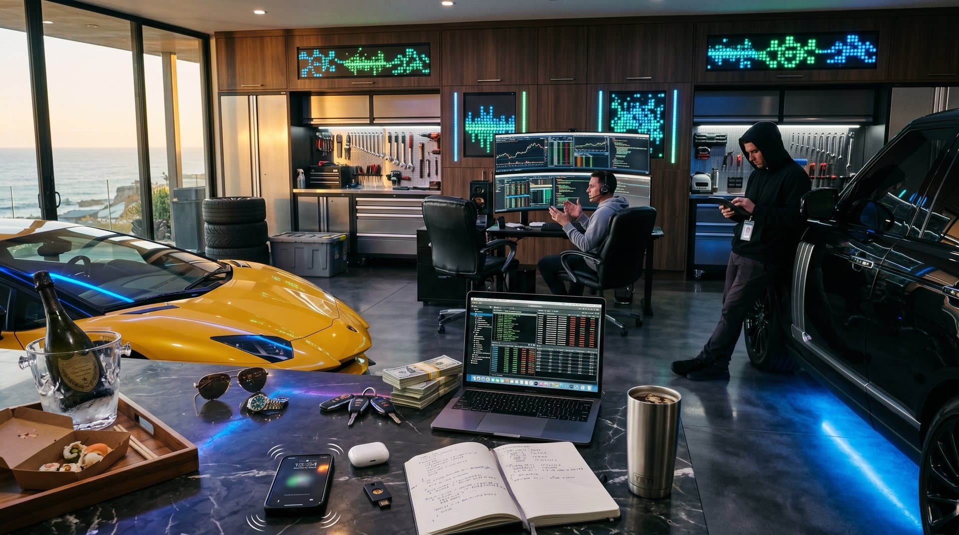 Luxury cars in SoCal garage with crypto laptop and lavish items evoking hackers' spending from money laundering