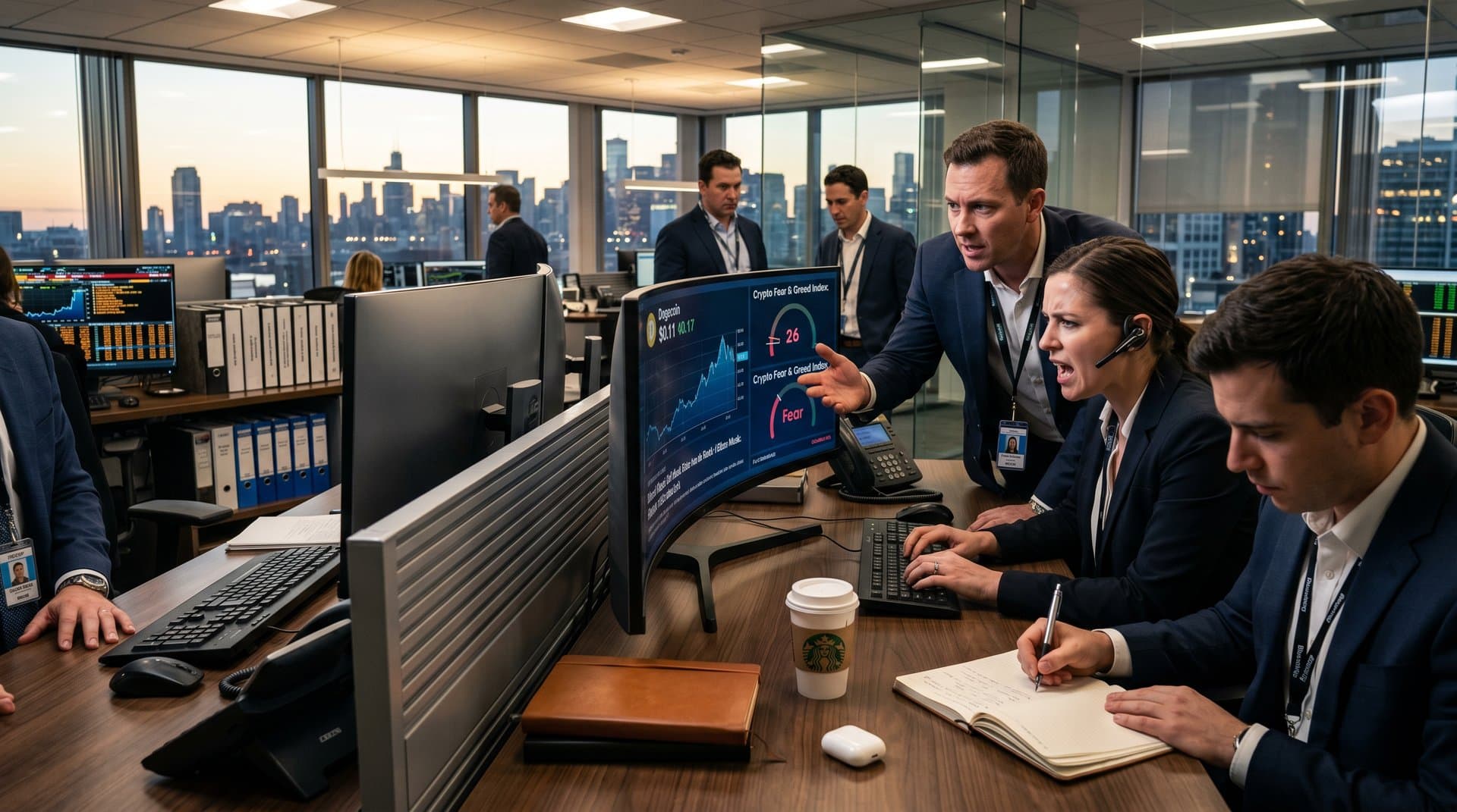 Traders scrutinize Dogecoin price at $0.11 and Musk court news on glowing monitors amid market tension