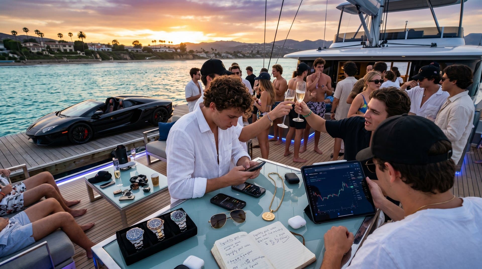 Luxury yacht off SoCal coast with crypto phones, Rolexes, and party vibes symbolizing laundered 'Crypto Kids' excess
