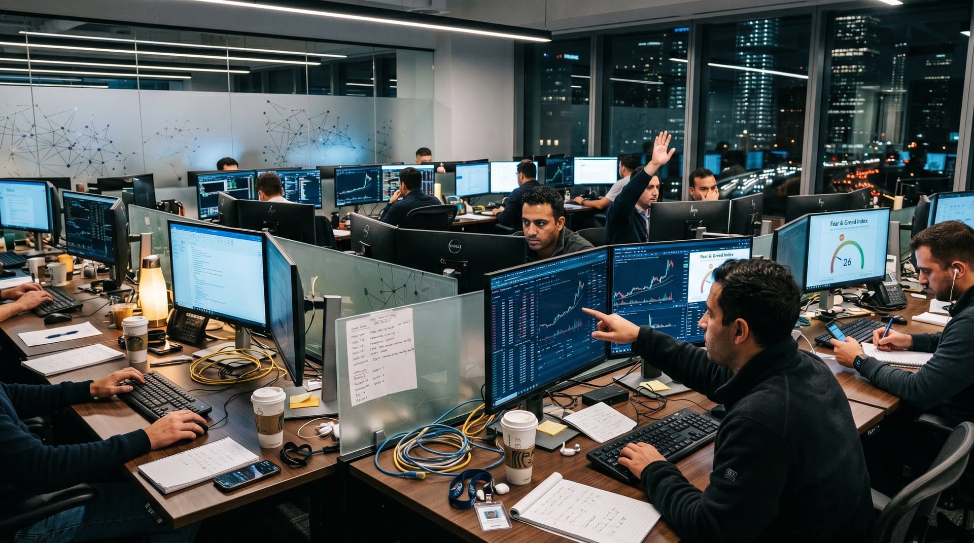 Trading floor with Ethereum price charts on multi-monitor setups amid high-stakes finance atmosphere