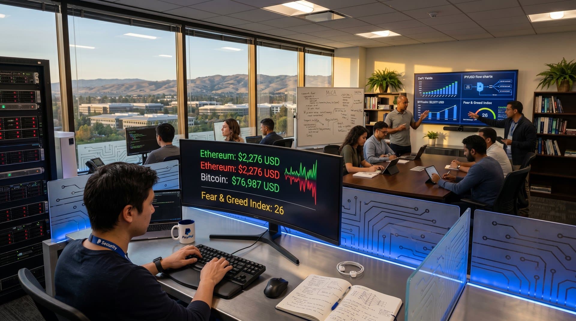 Engineers at PayPal AI-blockchain lab desks with monitors showing BTC charts, Fear Index, and team discussing near glass partitions