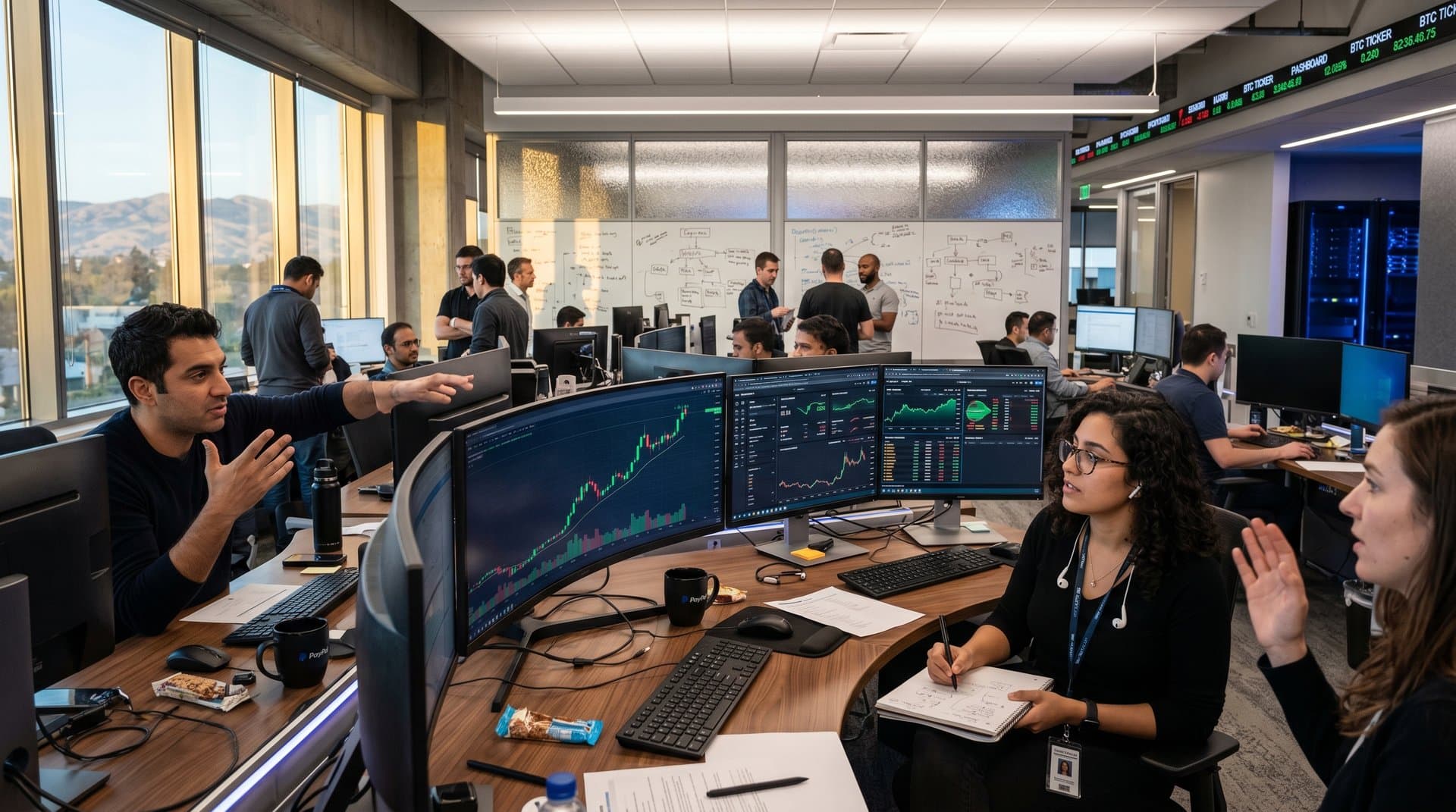 PayPal office with crypto charts on multi-monitors, DeFi whiteboards, and Silicon Valley skyline