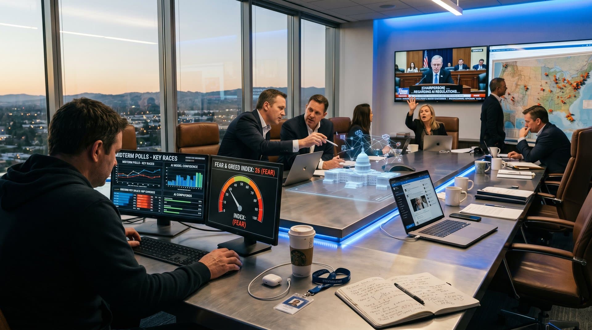 Tech executives in boardroom debate AI policy amid midterm polls, crypto charts, and Capitol hearings on screens
