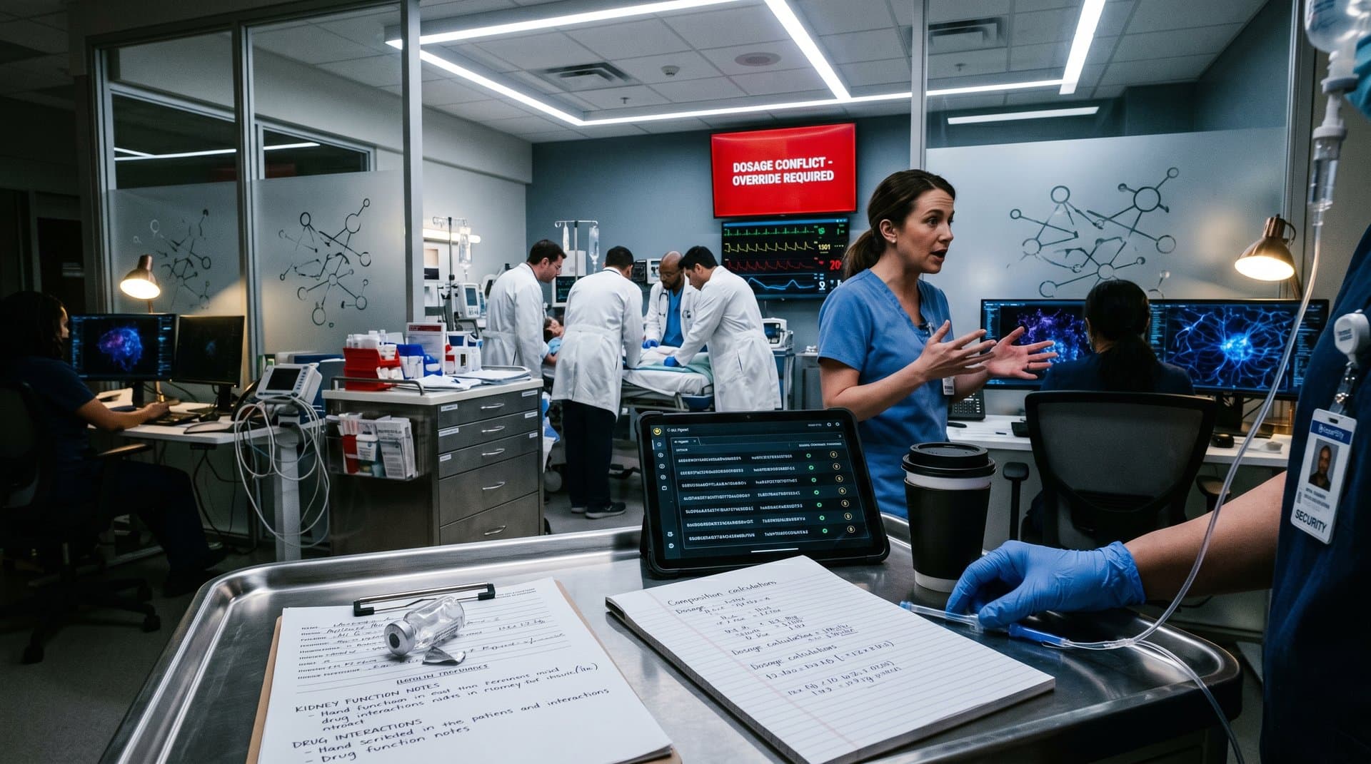 Hospital ER with AI prescription screens and blockchain interfaces highlighting errors and audit trails