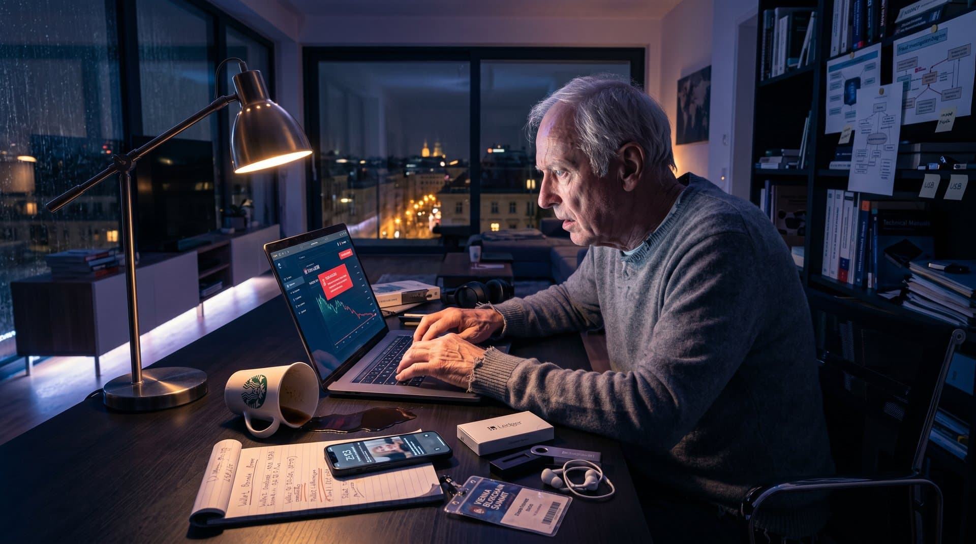 Shadowed retiree in Vienna apartment confronts empty crypto wallet after €50M scam bust by Austria and Albania
