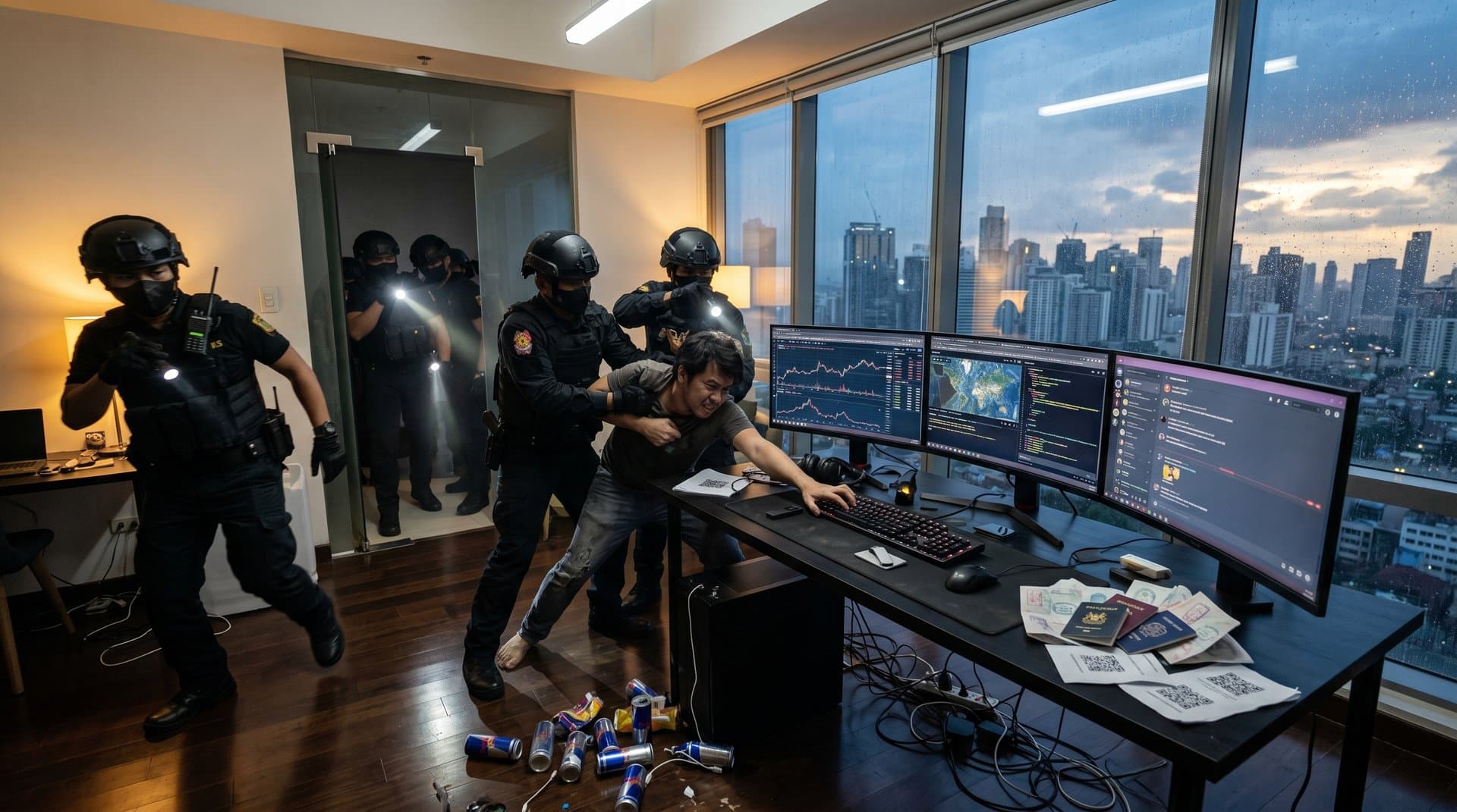 Police raid crypto fraud hideout with monitors showing blockchain transactions and wallets