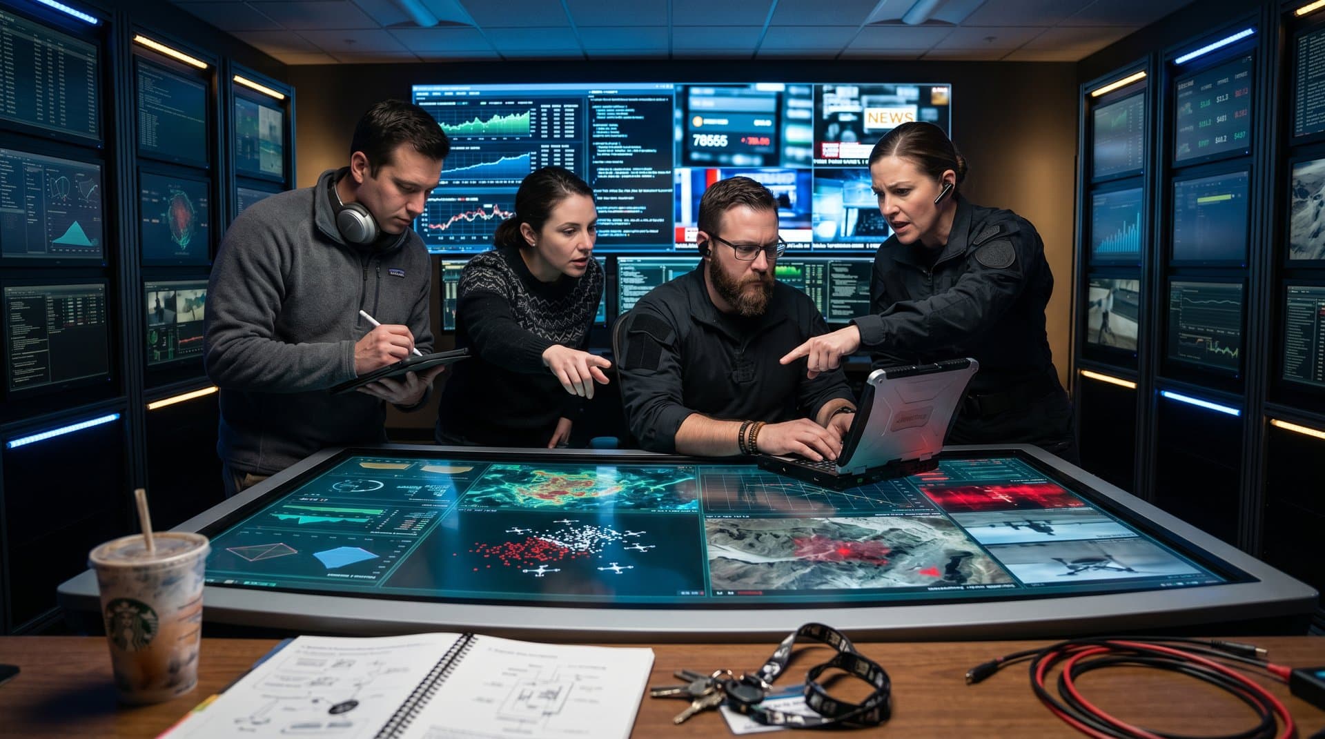 Operators analyze AI-driven battlefield data in a modern command center