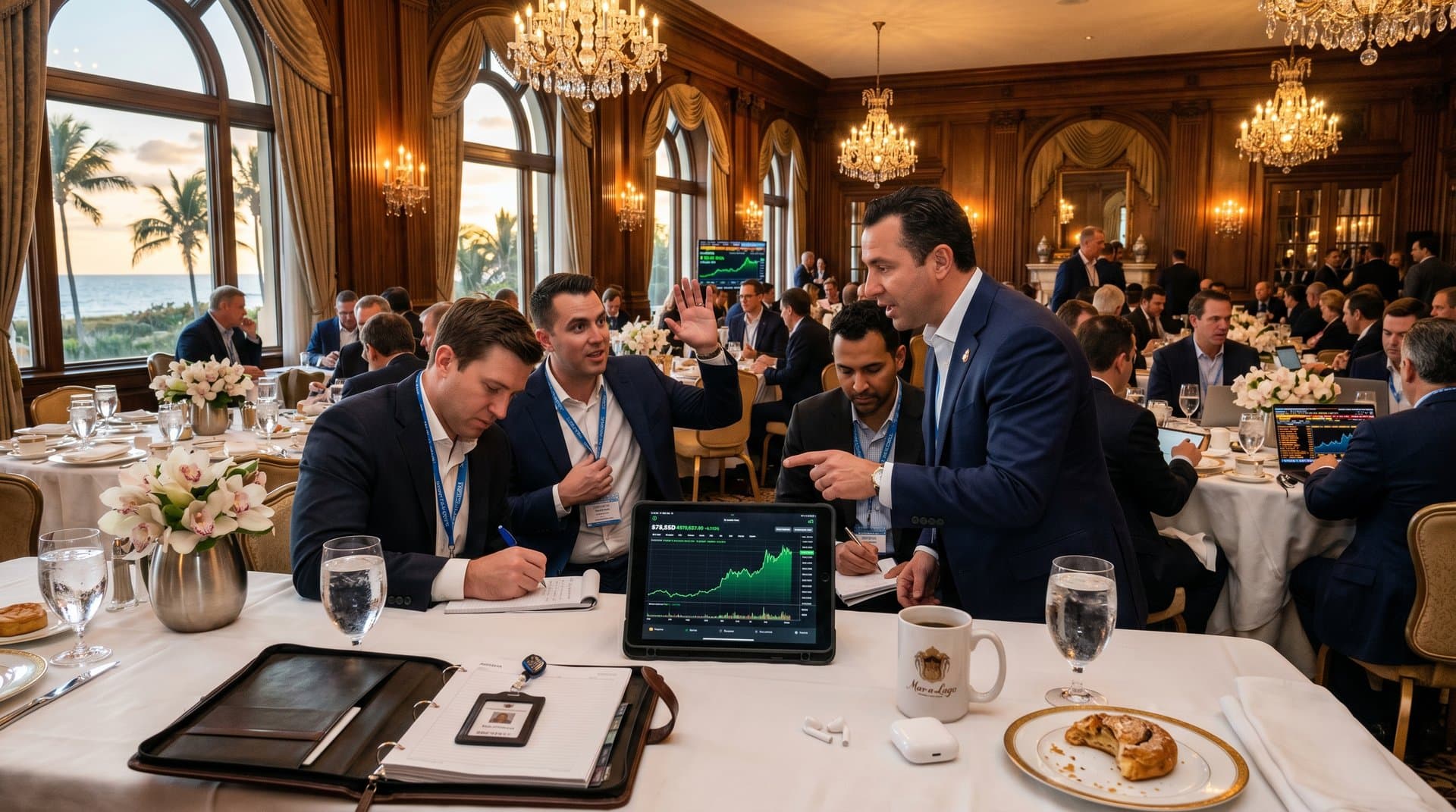 Executives discuss crypto charts on tablets amid opulent Mar-a-Lago ballroom tables and chandeliers