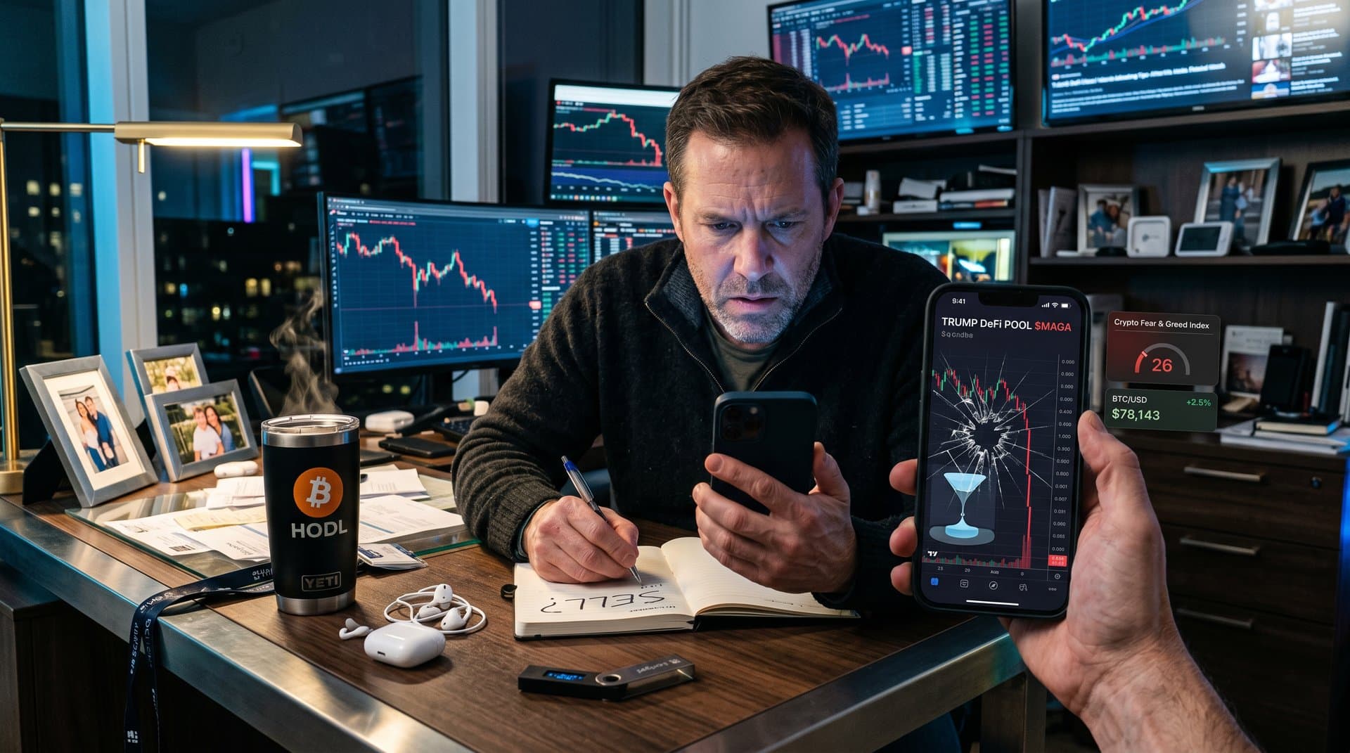 Retail investor checks plummeting Trump crypto token on phone amid Fear & Greed 26 and BTC surge