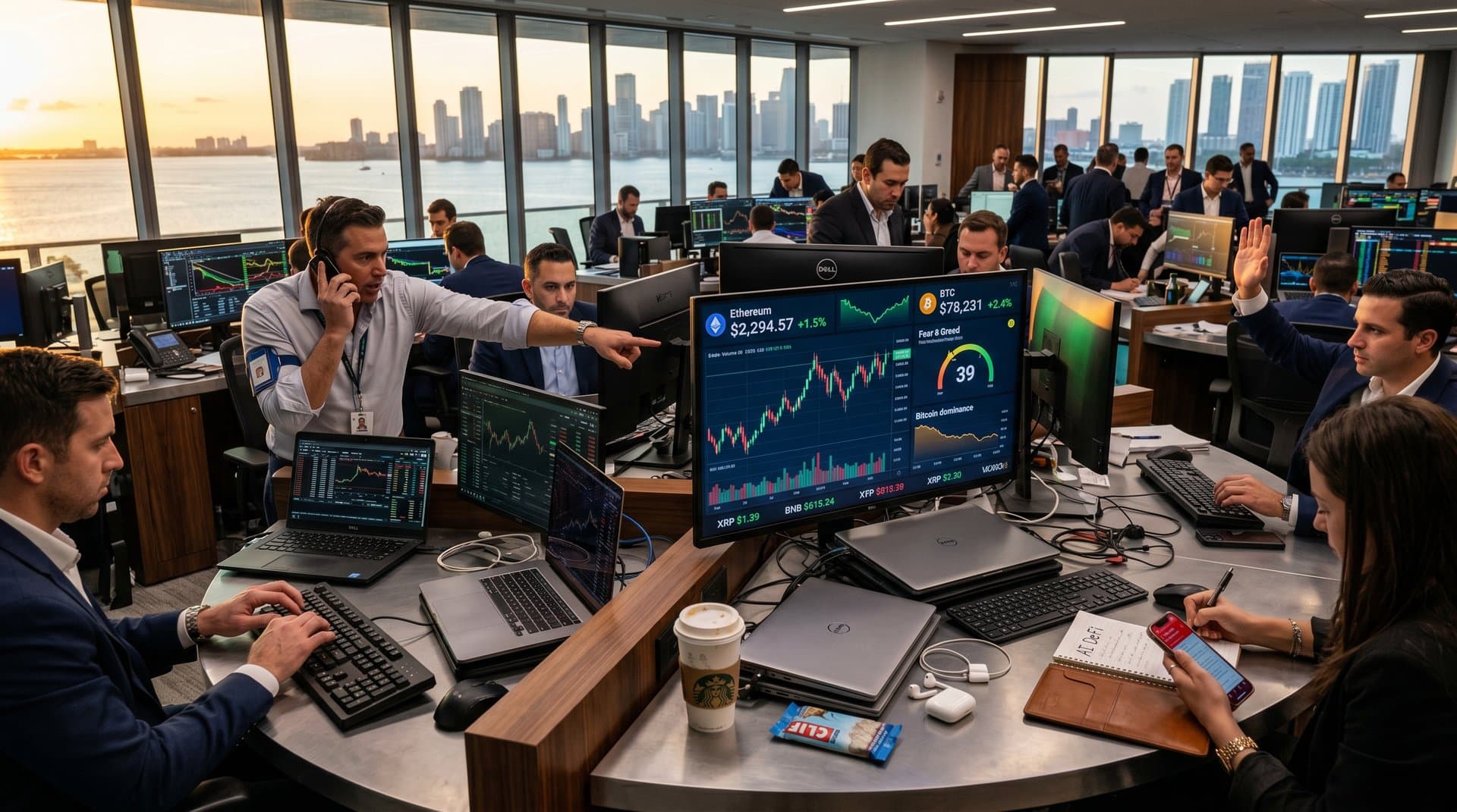 Trading screens display Ethereum price at $2,294.57 amid fear indicators and market data