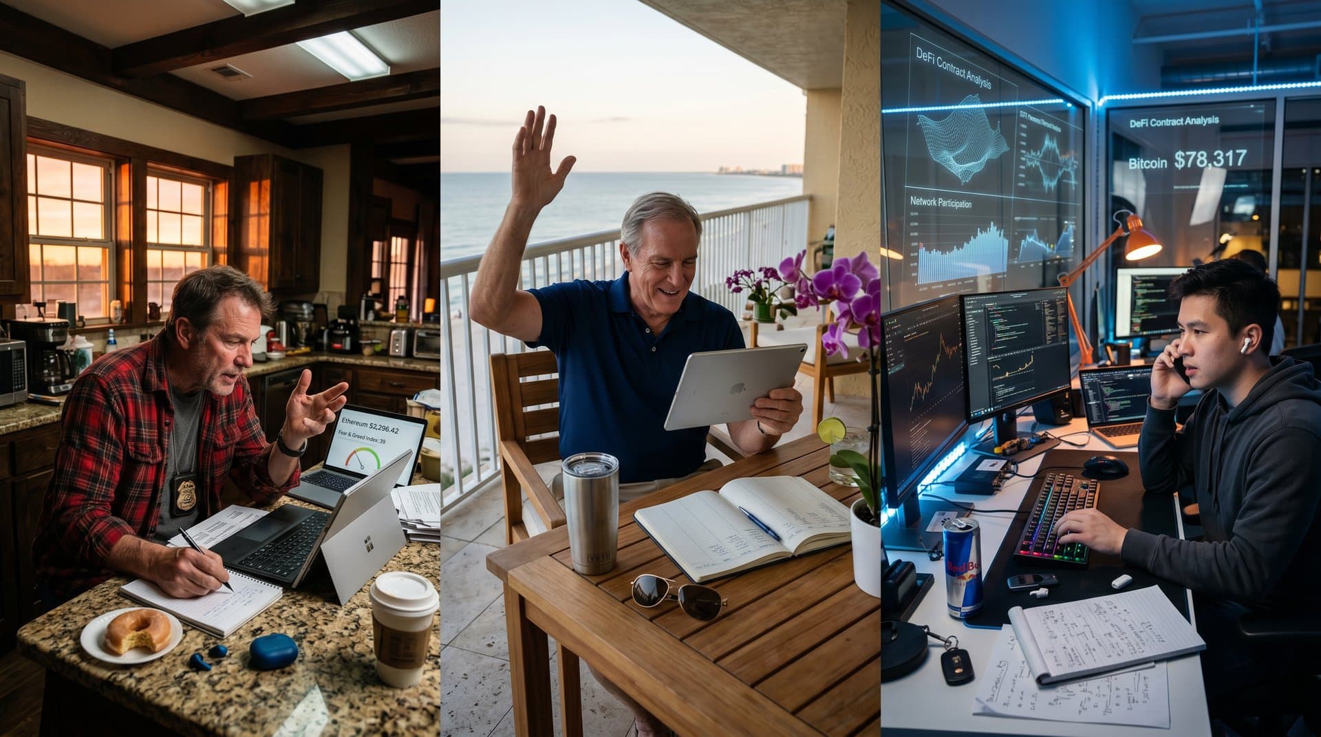 Scenes of Texas miner, Florida retiree, and San Francisco coder monitoring Ethereum price charts amid market fear
