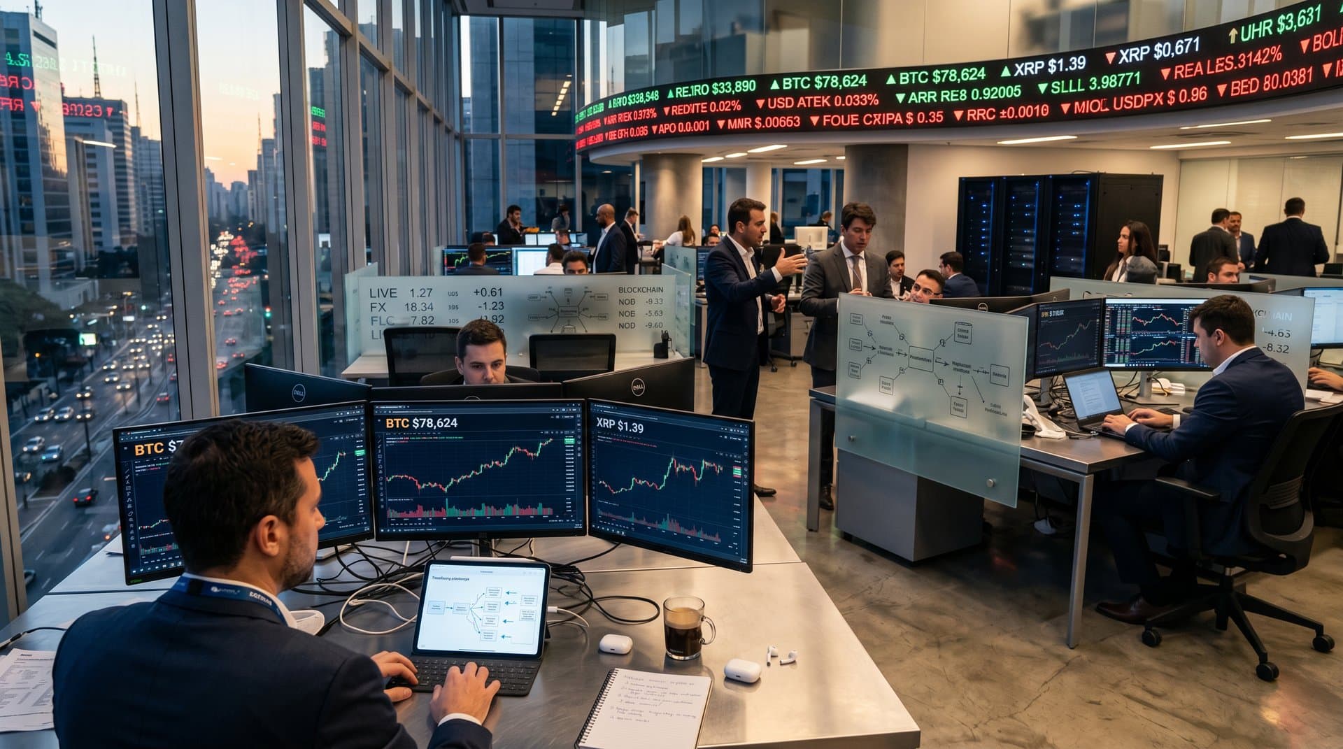 Monitors displaying BTC at $78,624 and remittance maps in a São Paulo finance office overlooking city skyline
